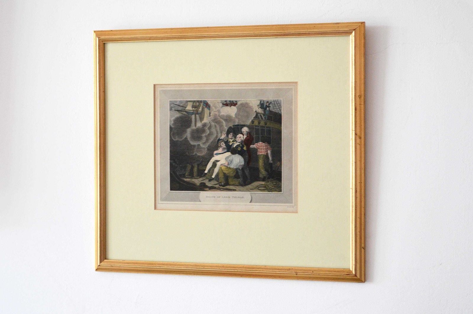 Rare Antique Hand Coloured Engraving – The Death Of Nelson, Trafalgar 1805 | H. Cooke C.1813 In Gilt Glass Frame photo furniture