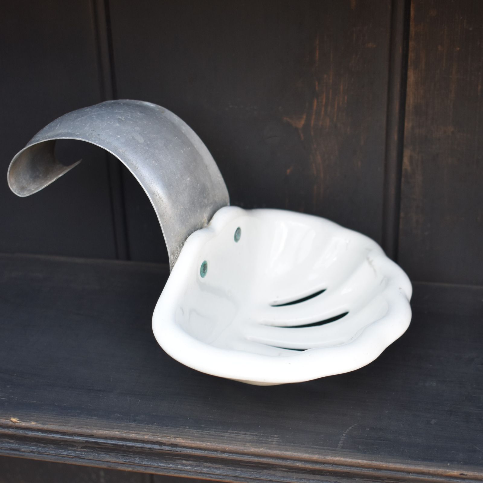 Antique Vintage French Ceramic Roll Top Bath Butterfly Wing Soap Dish