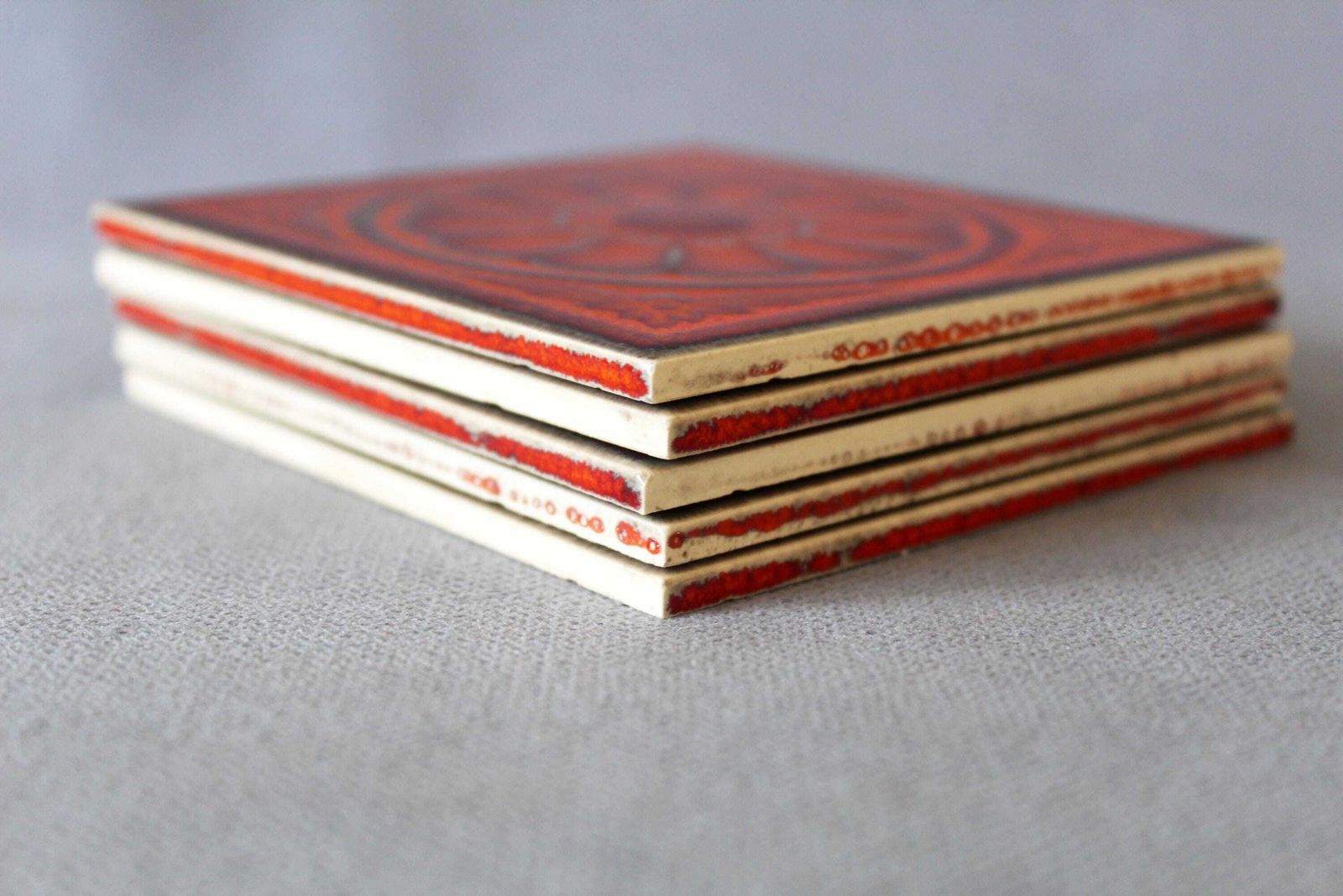 Set Of 5 Small Vintage Villeroy And Boch Mid Century Retro Ceramic Art, Tile Art, Coaster, Trivet, 1960s 70s, Orange Flower, Made In Germany photo vintage