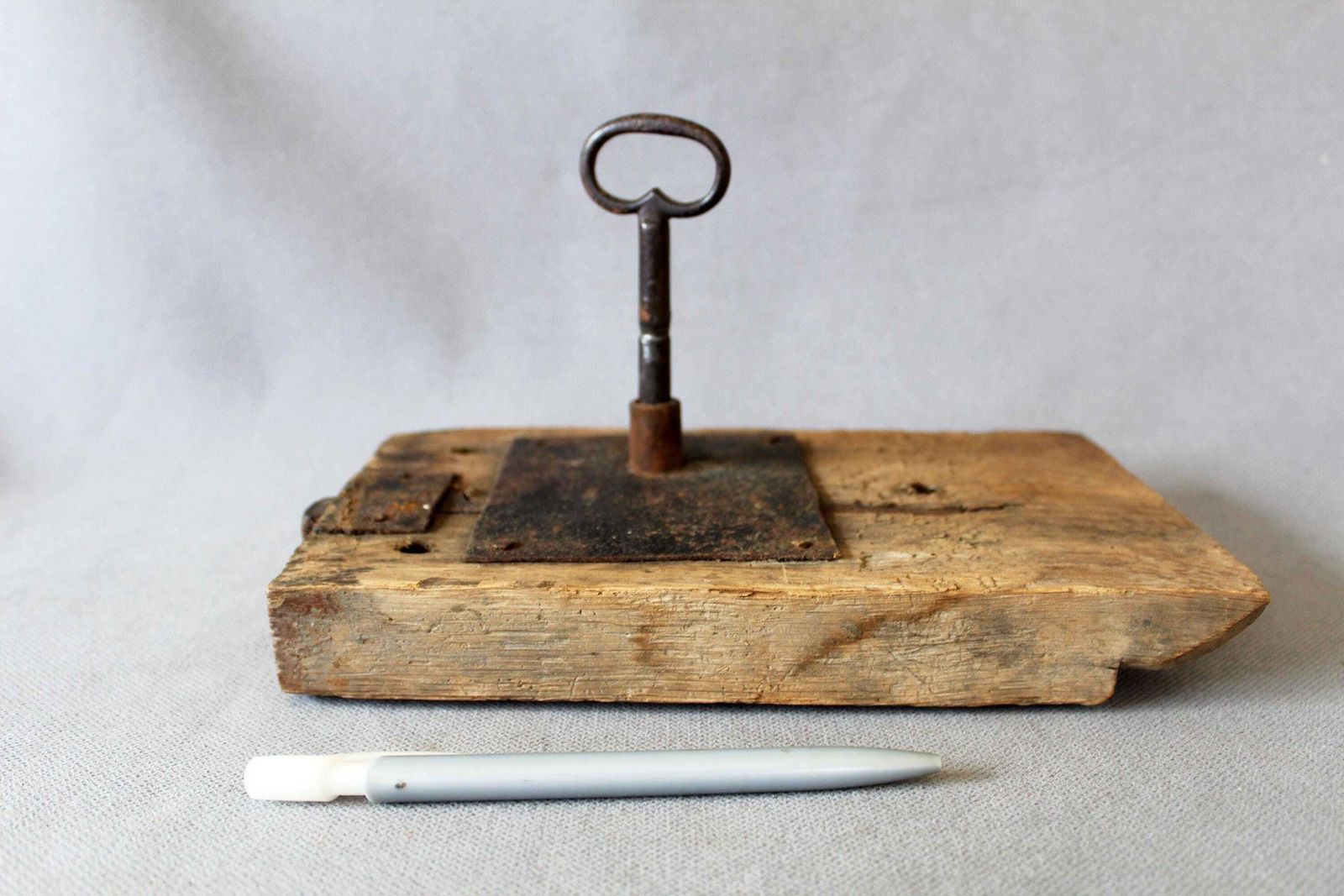Large Antique French Farmhouse Barn Wood And Iron Door Lock With Key, Forged Iron, Hand Made, Restoration External Entrance, Country Rustic photo buy
