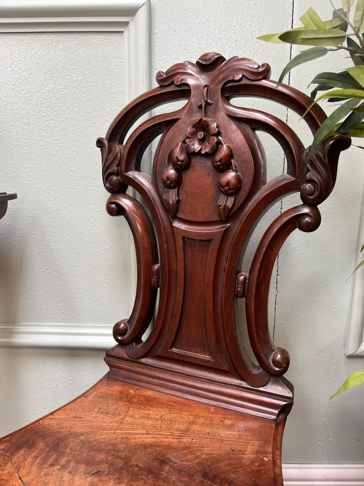 Stunning Pair Of 19th Century Victorian Antique Carved Mahogany Hall Chairs photo for sale