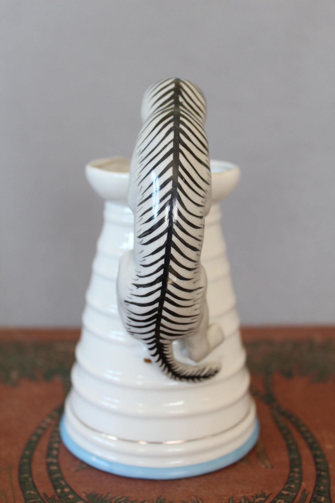 Antique 19th Century Porcelain Pitcher With Climbing Cat Handle, White With Blue Rim, Cat Is Grey Withblack Stripe, Porcelain Jug, Milk Jug photo 72.0