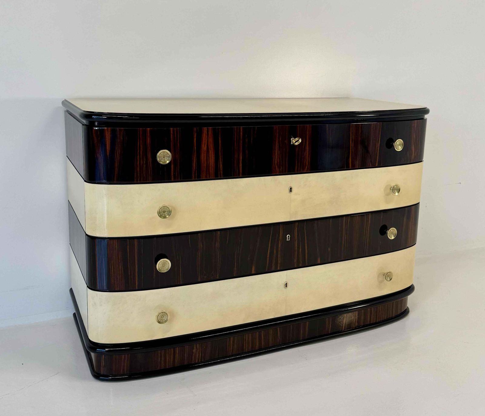 Italian Art Deco Chest Of Drawers In Macassar And Parchment With Brass Handle, 1940s photo Furniture