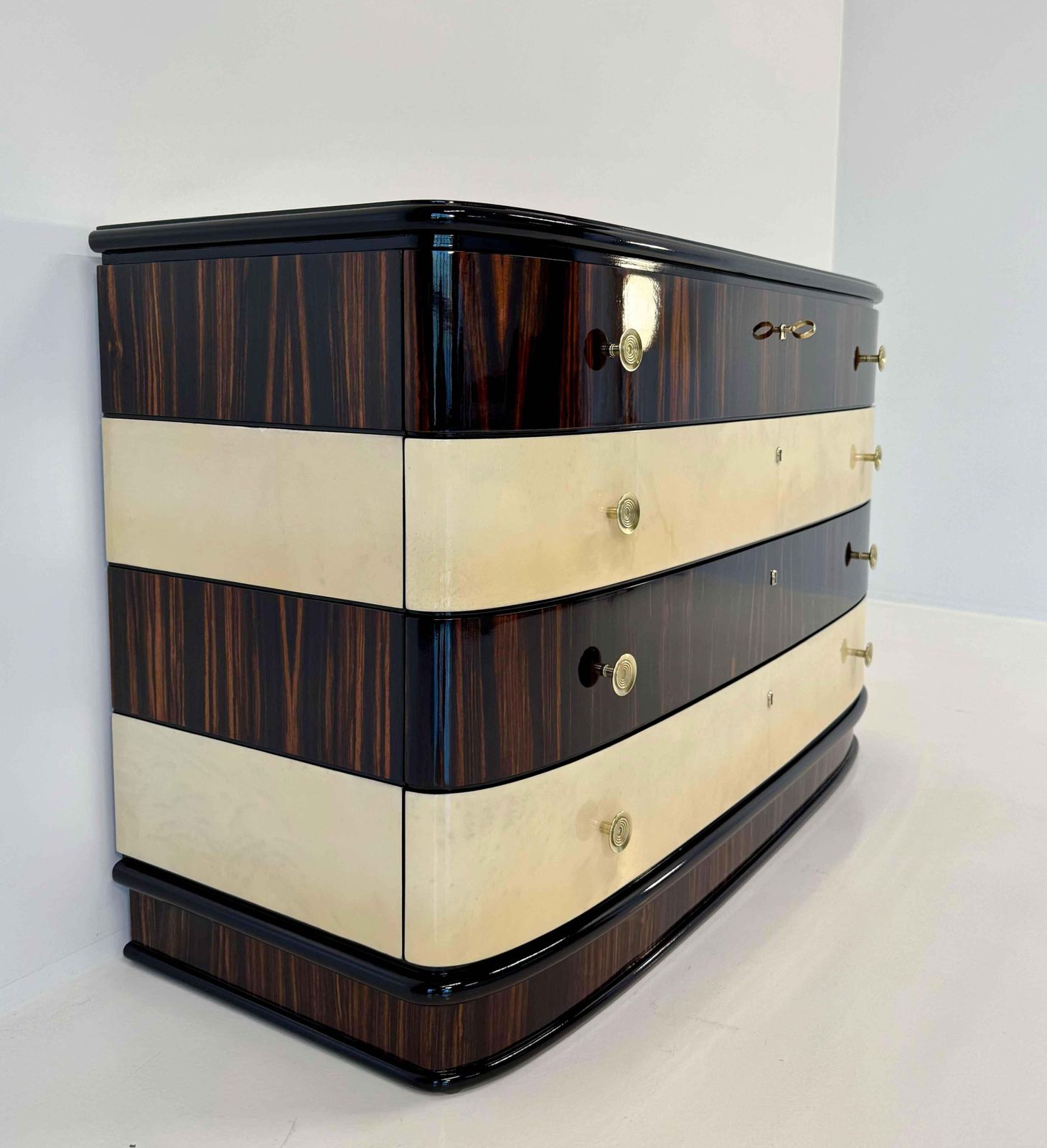 Italian Art Deco Chest Of Drawers In Macassar And Parchment With Brass Handle, 1940s photo vinterior