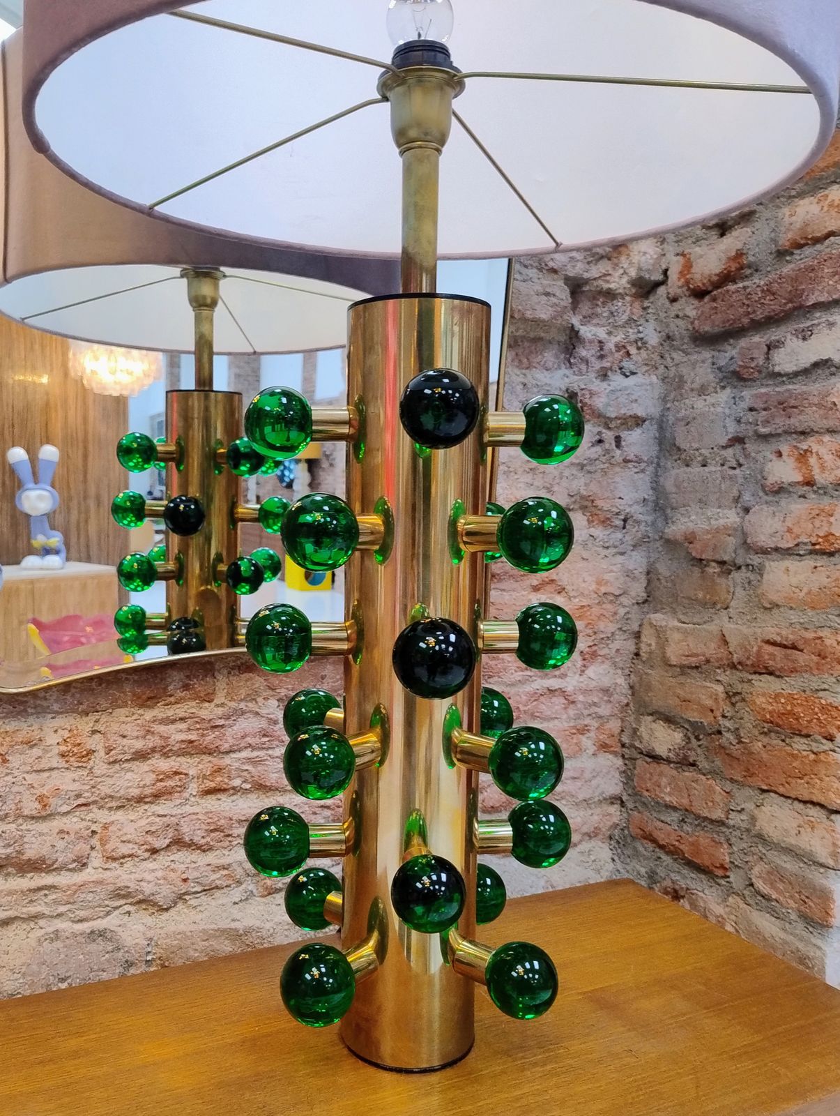 In The Style Of Midcentury Green Murano Glass And Brass Base Italian Table Lamps photo vintage