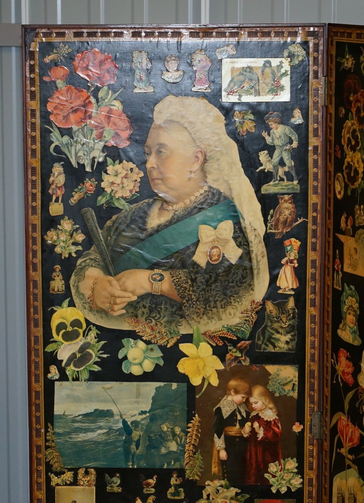 Original Queen Victoria Decoupage Four Panel Folding Screen Totally Original photo for sale