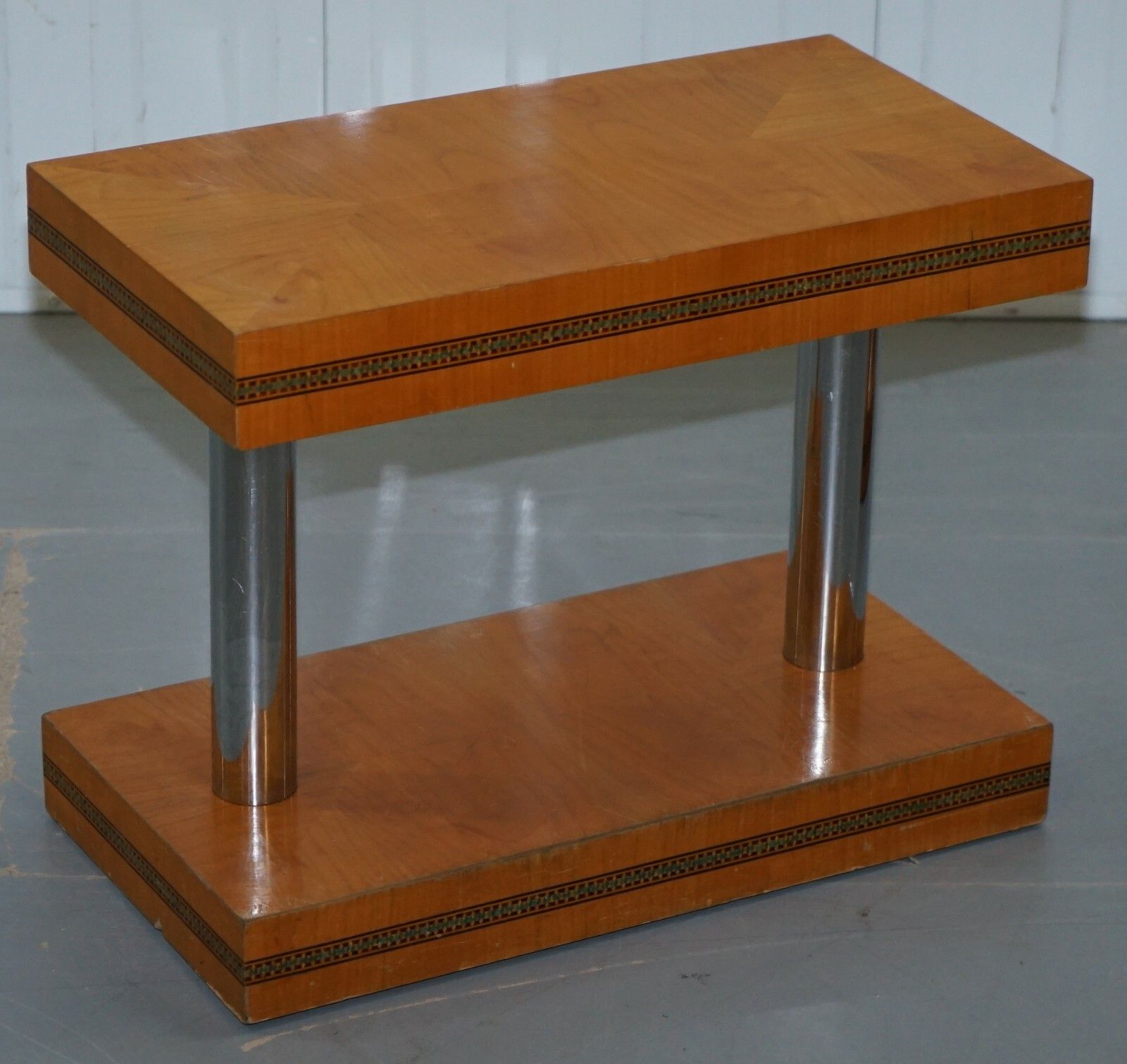 Pair Of Mid Century Modern Chrome Plated & Satinwood Side End Wine Lamp Tables photo furniture