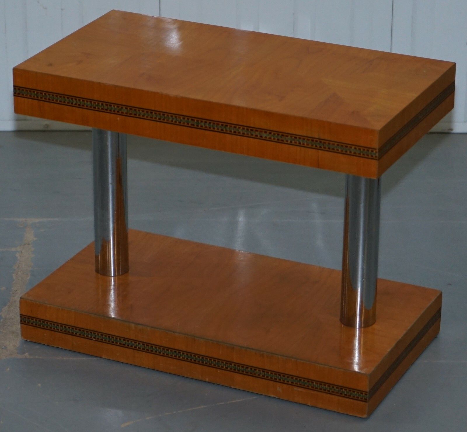 Pair Of Mid Century Modern Chrome Plated & Satinwood Side End Wine Lamp Tables photo Furniture