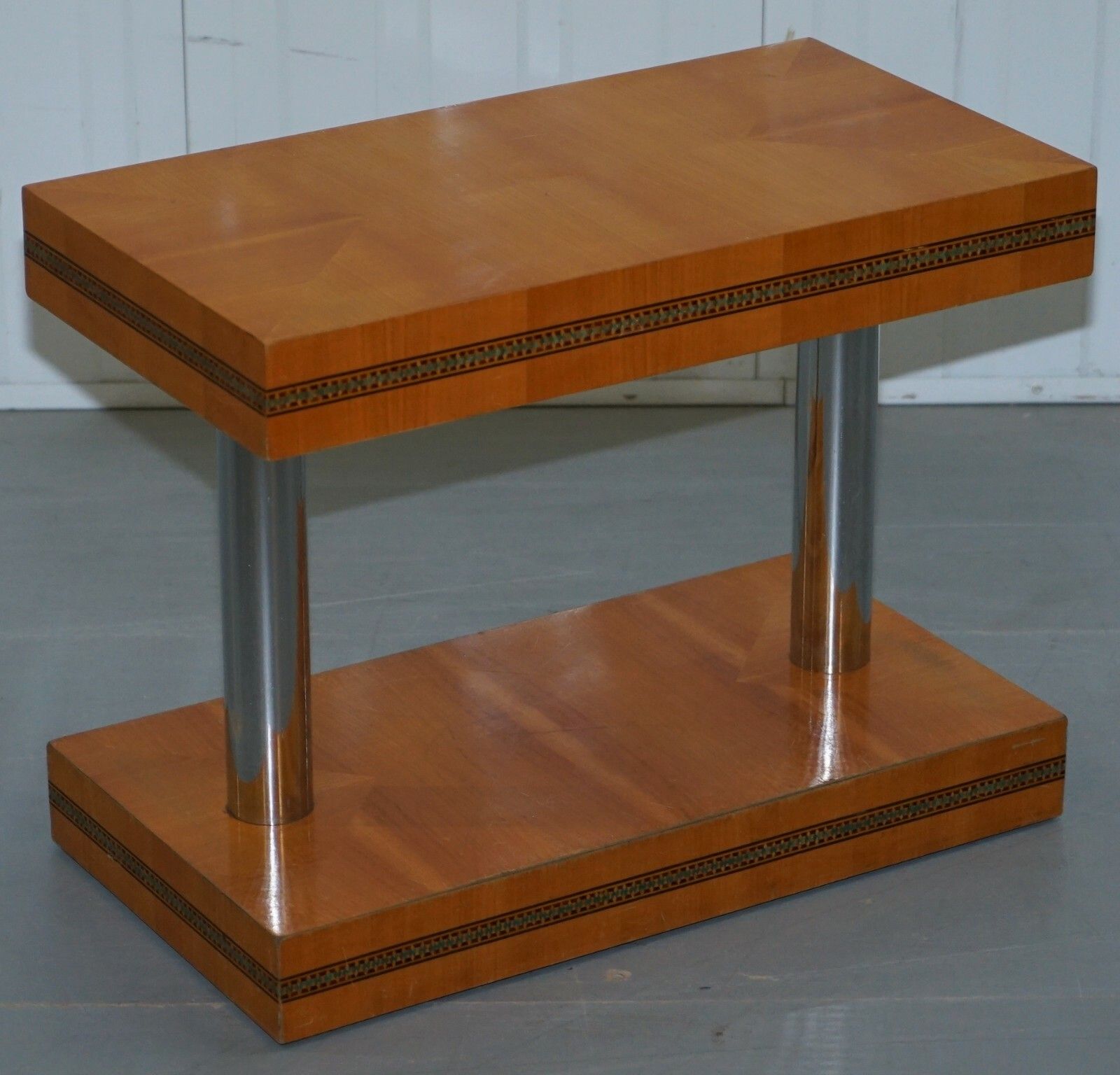 photo furniture Pair Of Mid Century Modern Chrome Plated & Satinwood Side End Wine Lamp Tables