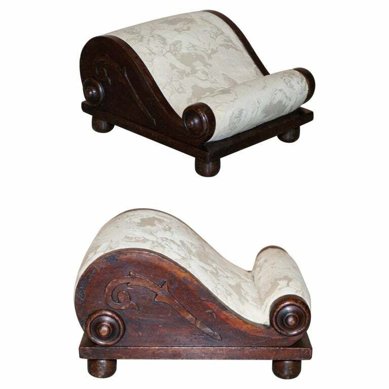 Rare Antique Georgian Circa 1800 Footstool With Angel Cherub Upholstery Fabric