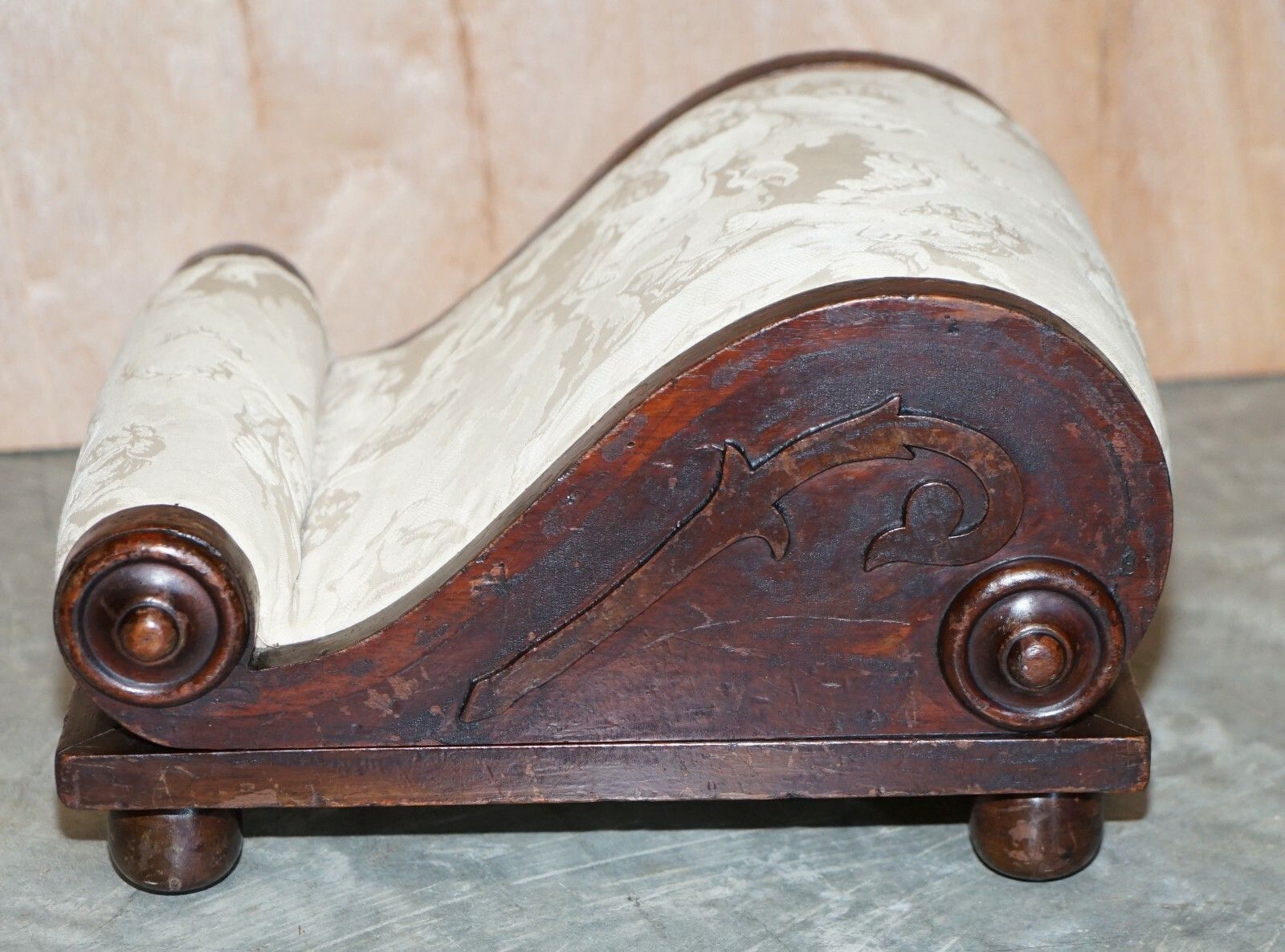 photo for sale Rare Antique Georgian Circa 1800 Footstool With Angel Cherub Upholstery Fabric