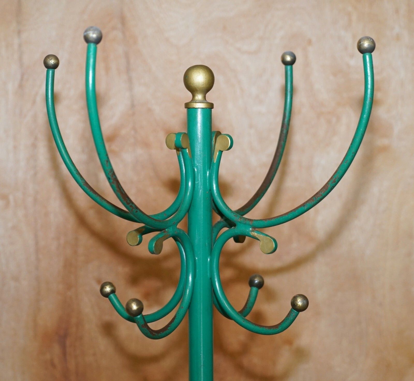 Fine Antique Wrought Iron Green Paint & Gold Leaf Painted Victorian Coat Stand photo vinterior
