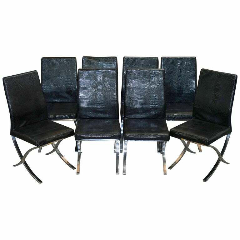 Set Of Eight Chrome Black Faux Alligator Crocodile Patina Leather Dining Chairs