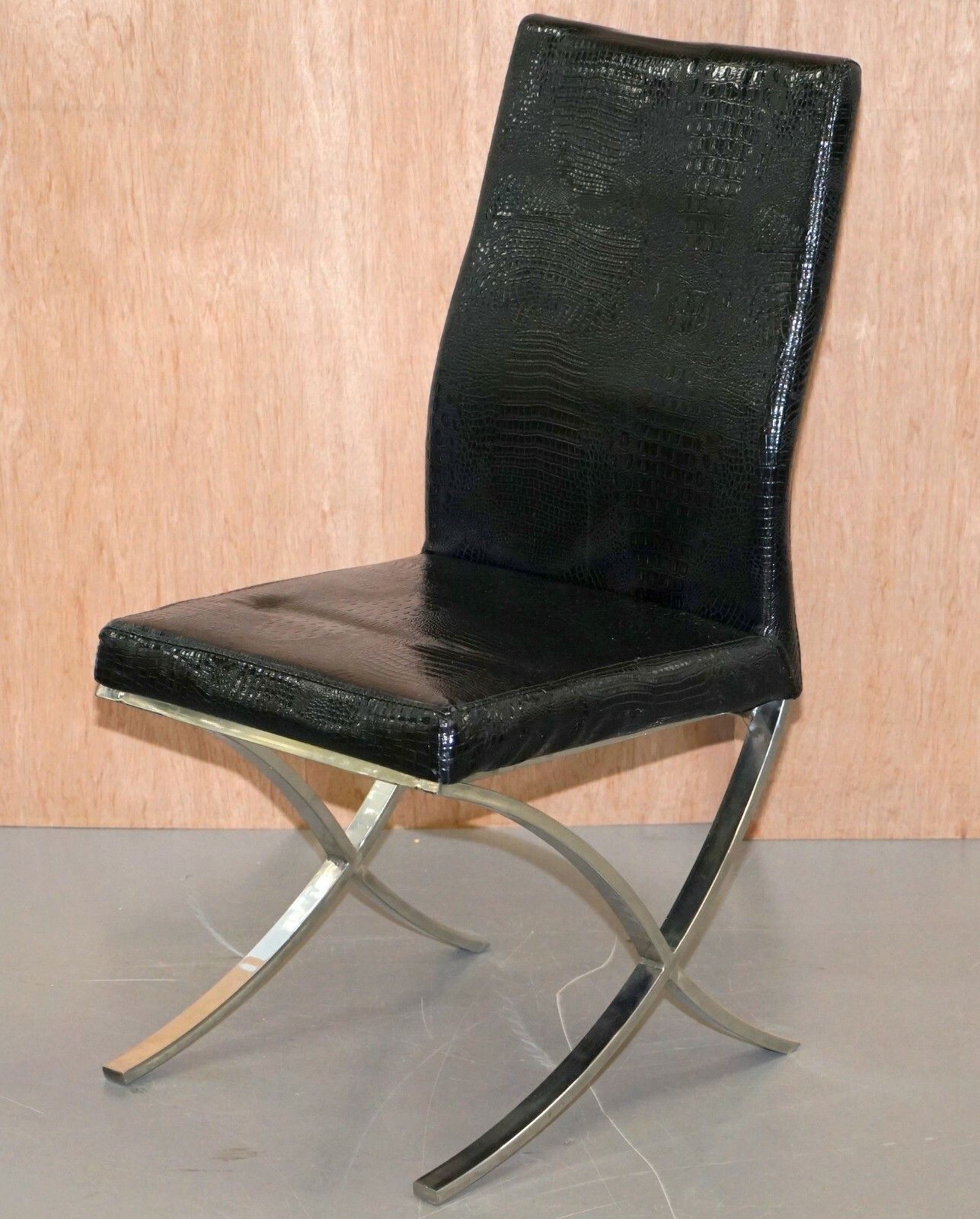 Furniture Set Of Eight Chrome Black Faux Alligator Crocodile Patina Leather Dining Chairs photo