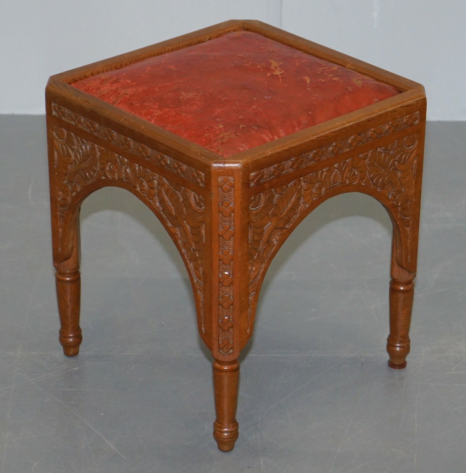 Pair Of Antique Victorian Hand Carved 19th Century Asethetic Movement Stools photo vintage