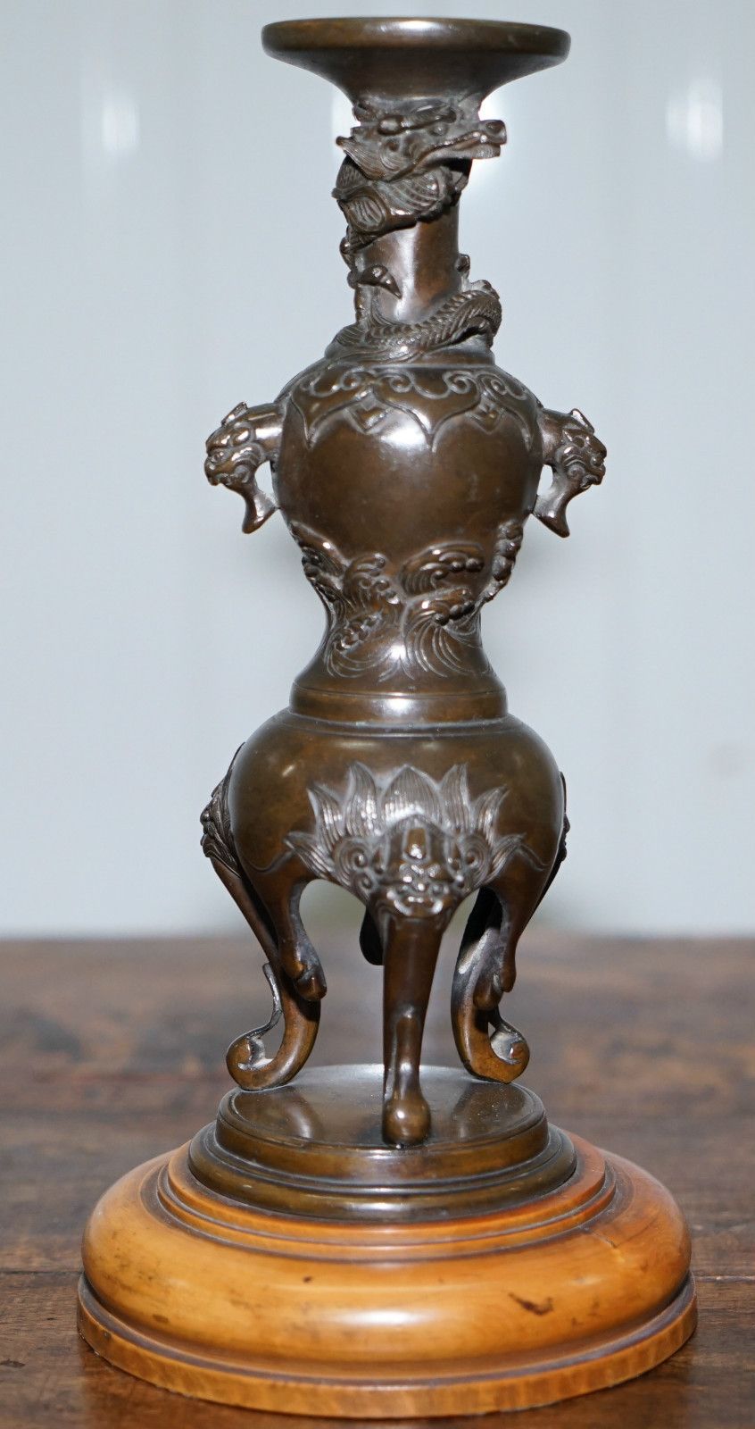 Rare Japanese Meiji Period Circa 1870 Pair Of Bronze Dragon Candlestick Holders photo furniture