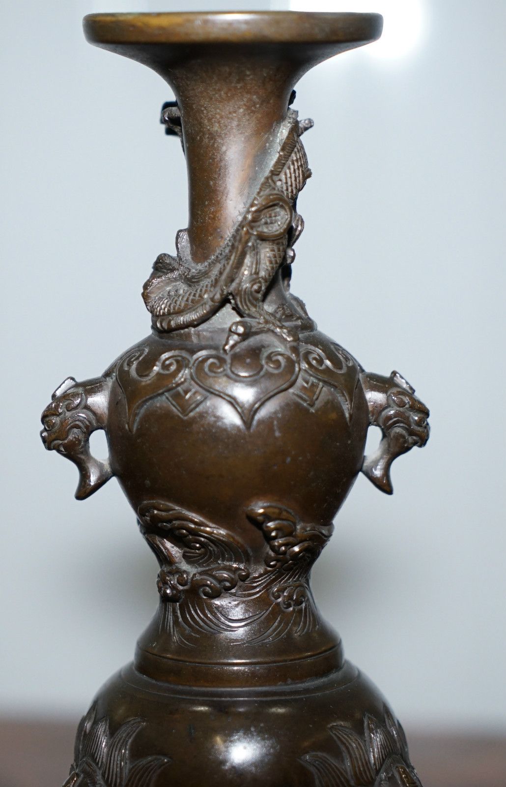Rare Japanese Meiji Period Circa 1870 Pair Of Bronze Dragon Candlestick Holders photo buy