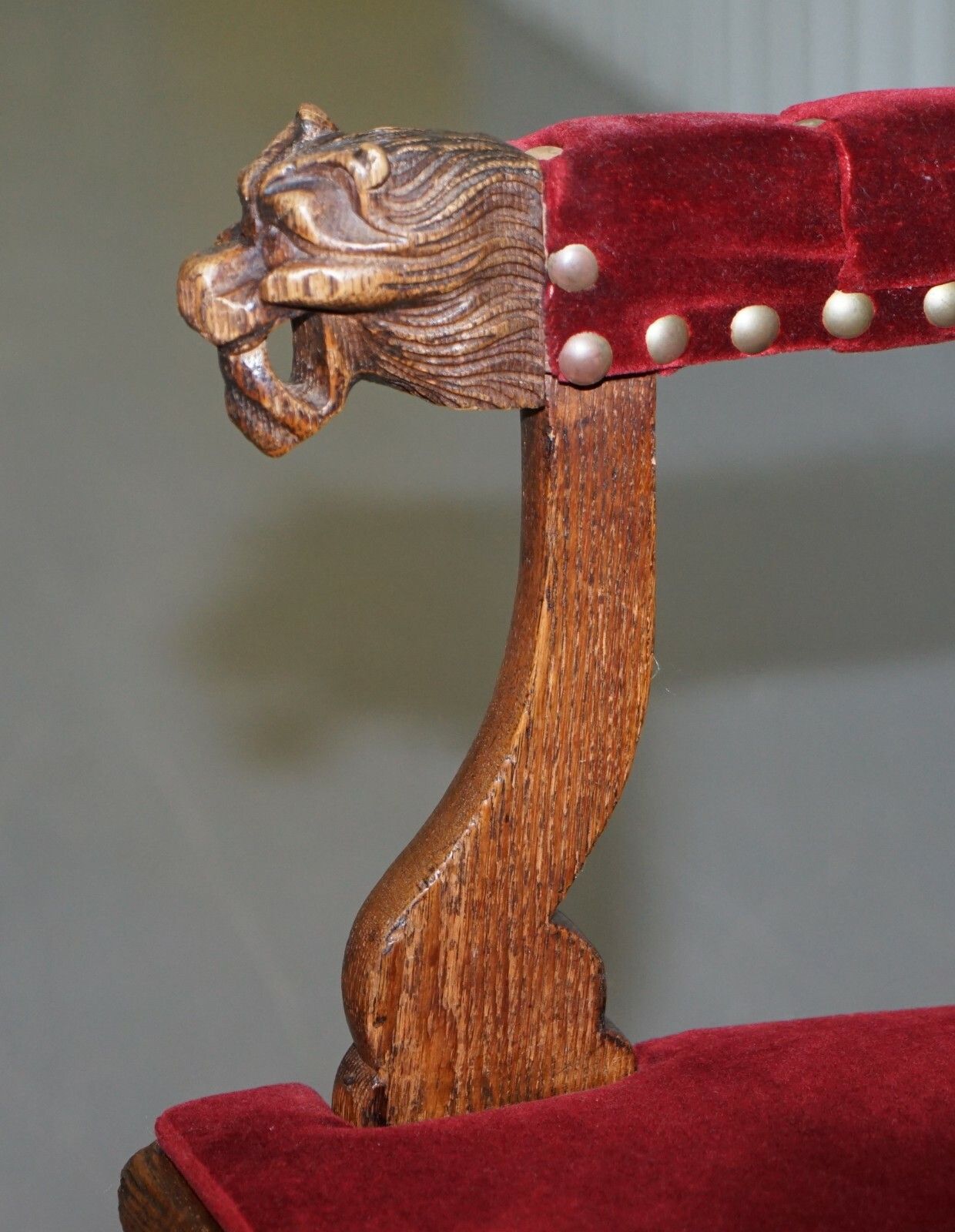 photo for sale Lovely Antique Regency Oak Carved Bergere Armchair With Lions Head Arms Velvet