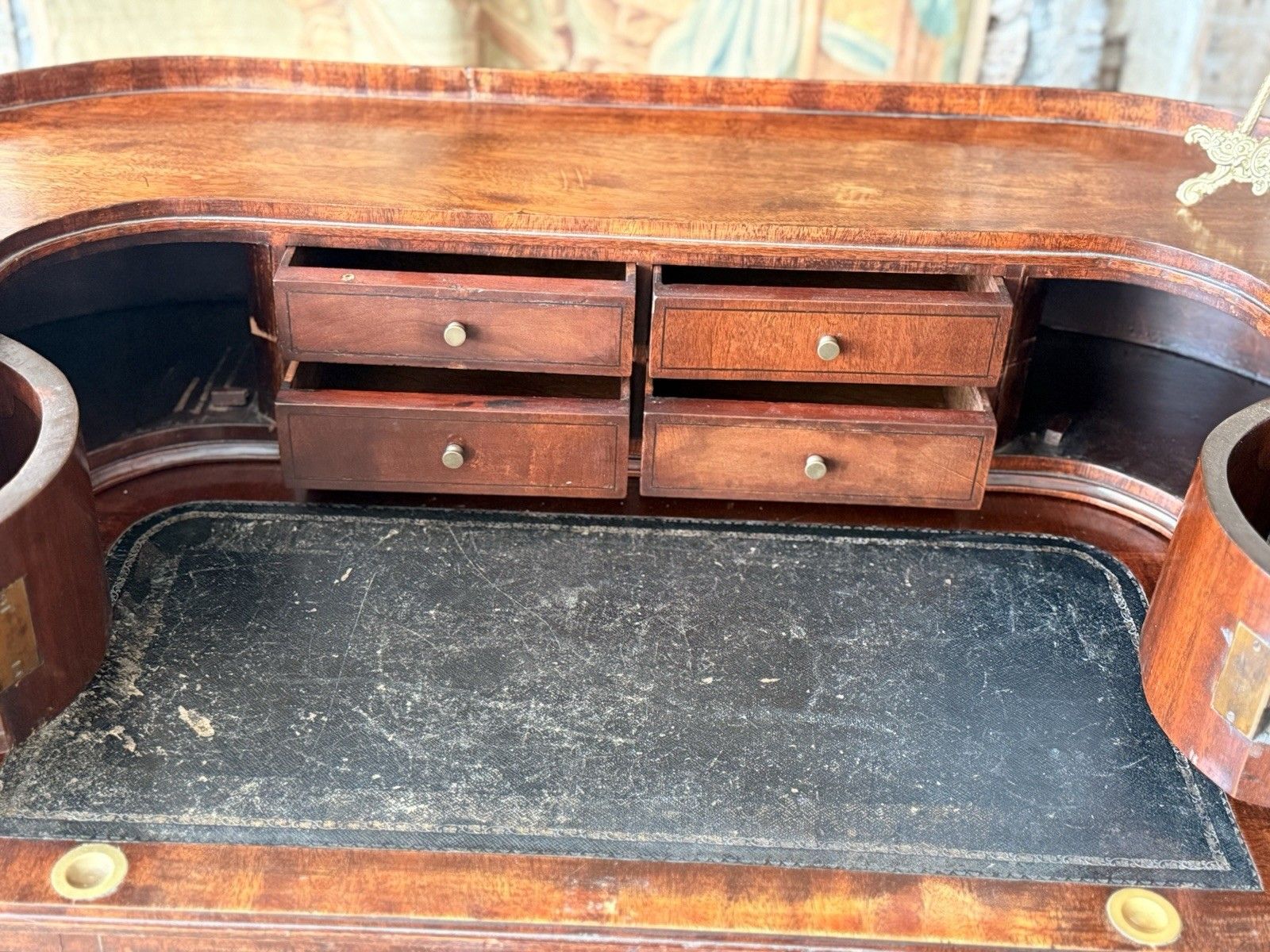 photo buy Fine Quality English Antique Mahogany Carlton House Curved Writing Desk C 1860