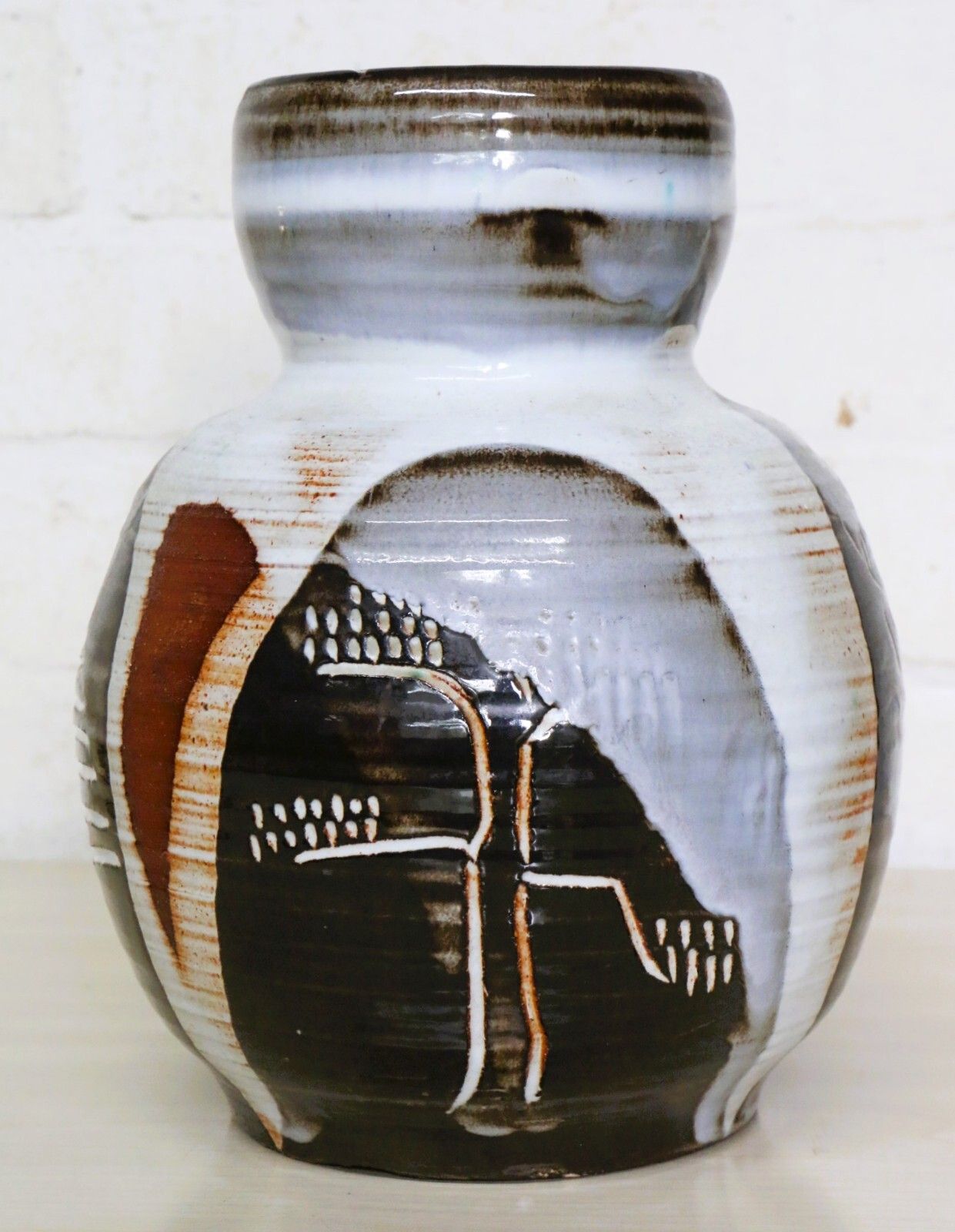 Large 1969 Vintage Studio Pottery Vase Mcm Vgc Unusual & Fascinating 4 Seasons
