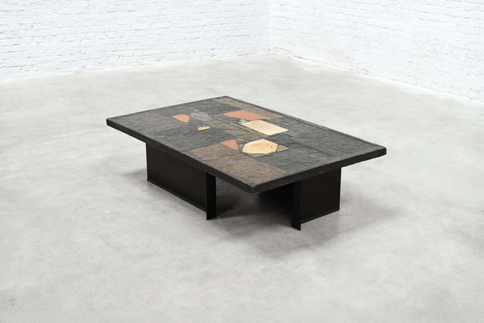 Paul Kingma Slate, Stone, And Brass Inlaid Coffee Table, 1970's photo furniture
