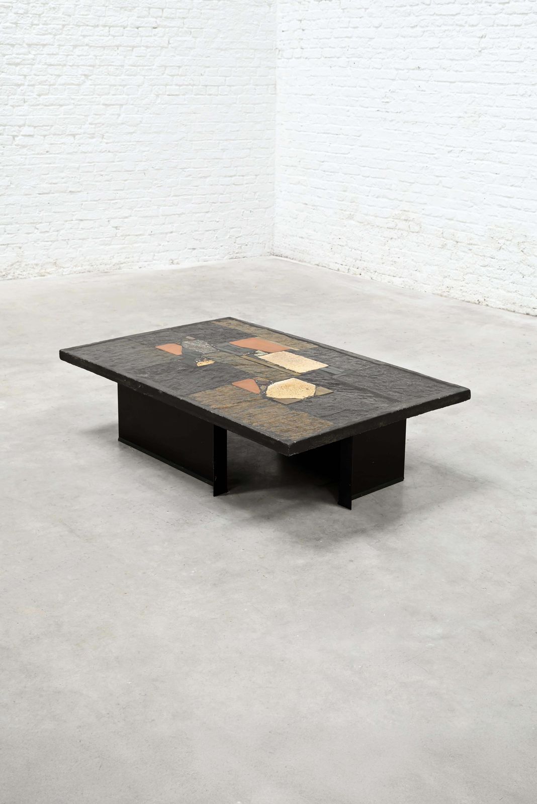 Paul Kingma Slate, Stone, And Brass Inlaid Coffee Table, 1970's photo for sale