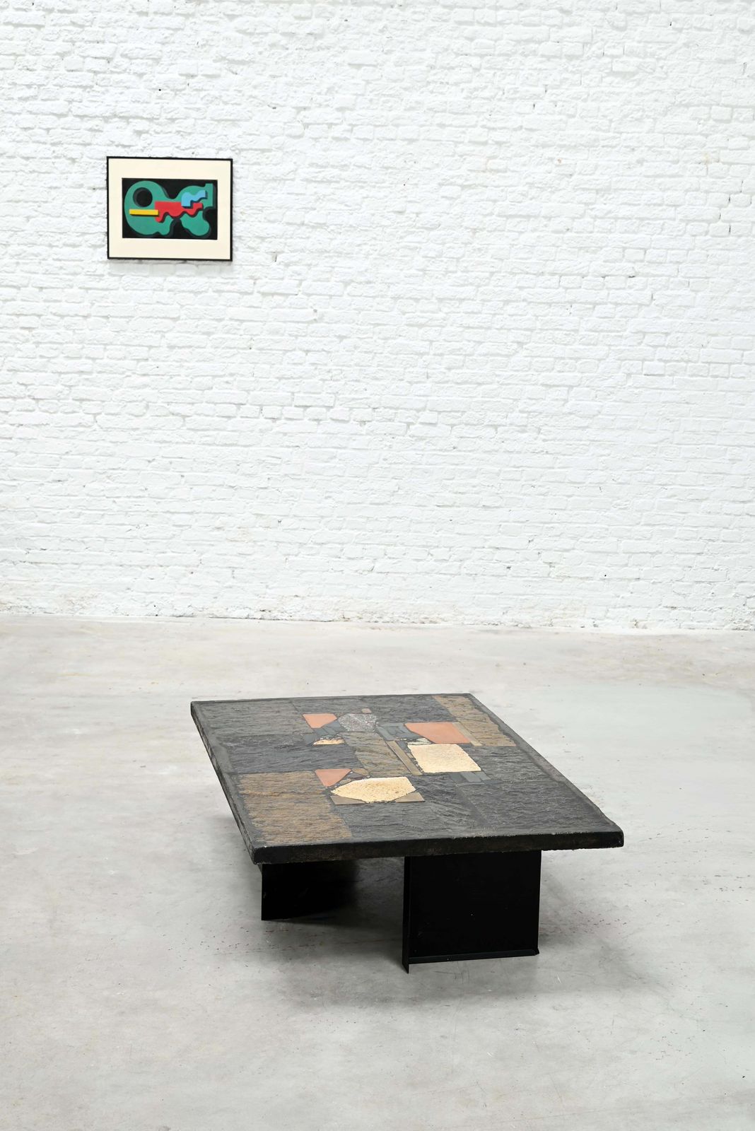 photo furniture Paul Kingma Slate, Stone, And Brass Inlaid Coffee Table, 1970's
