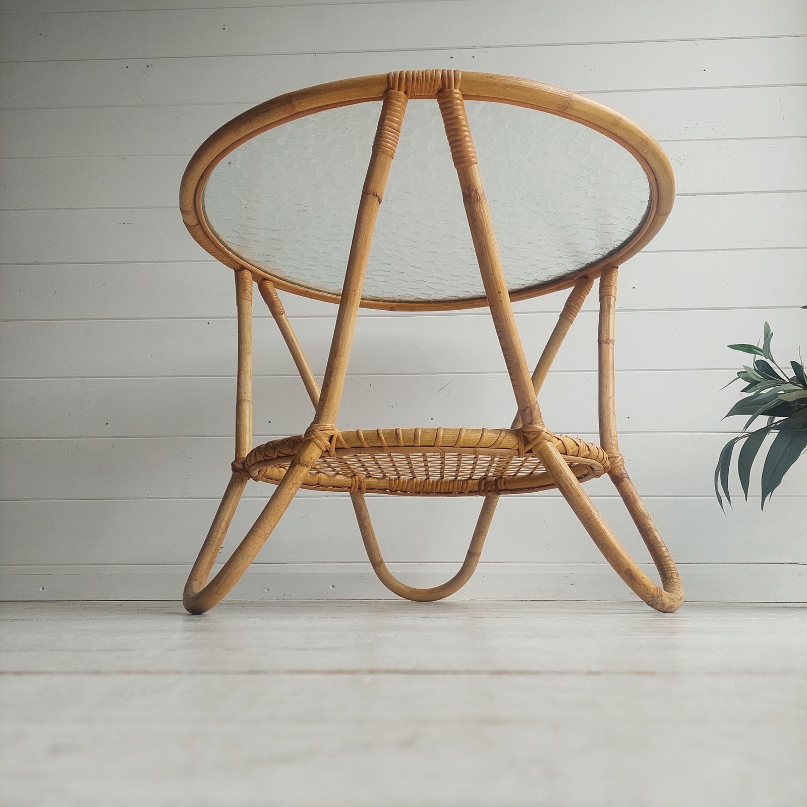 Mid Century Round Bamboo Coffee Table Vintage Rattan Glass Rohé Noordwolde Style 60s 70s photo for sale