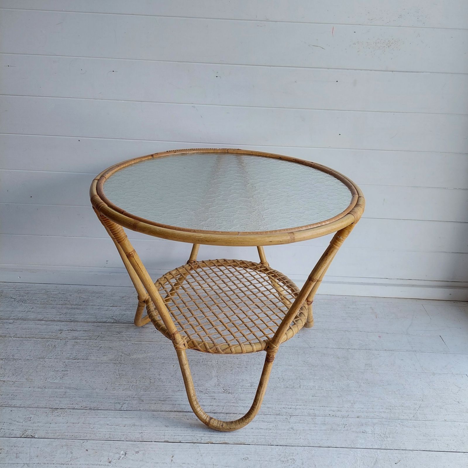 Mid Century Round Bamboo Coffee Table Vintage Rattan Glass Rohé Noordwolde Style 60s 70s photo 215.0