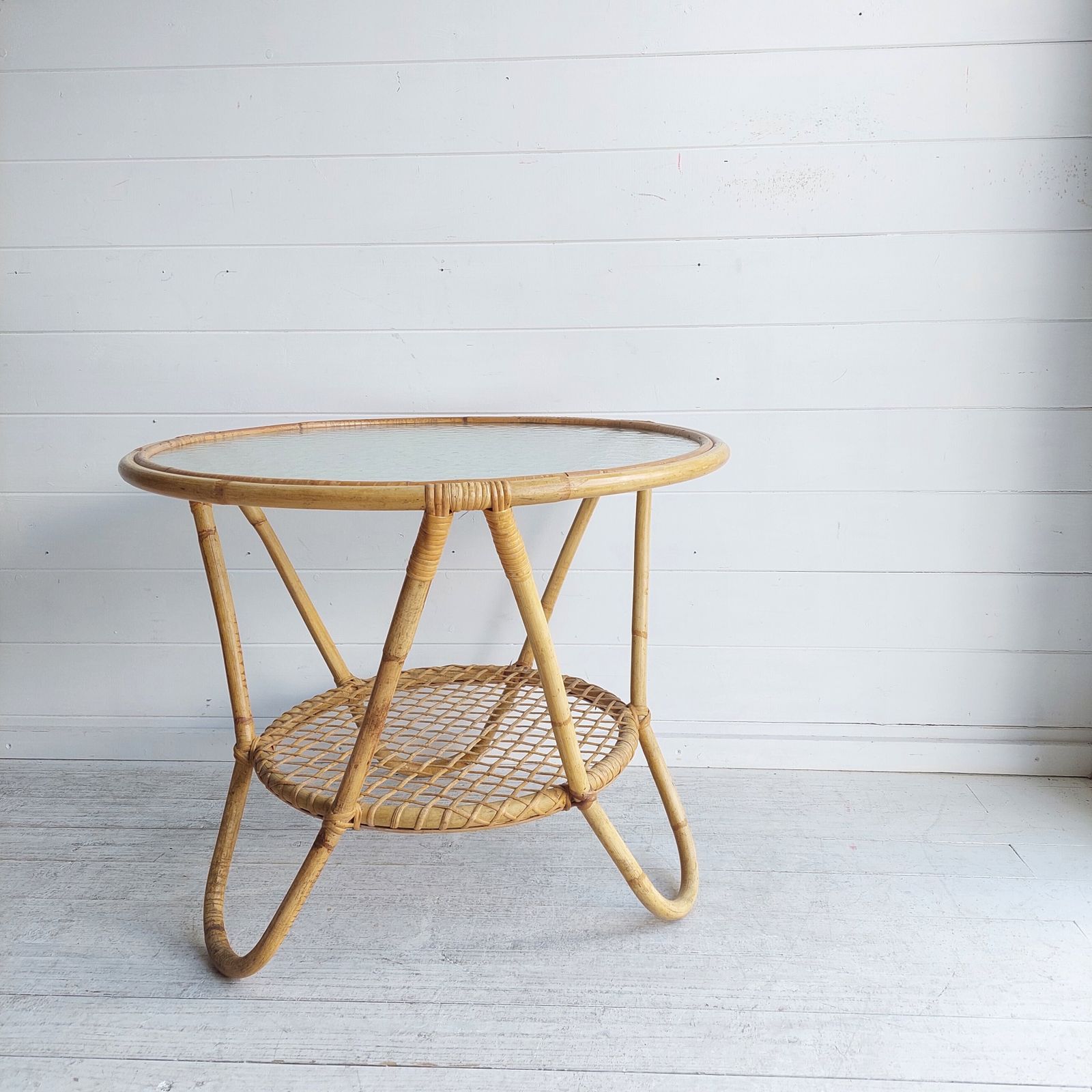 photo furniture Mid Century Round Bamboo Coffee Table Vintage Rattan Glass Rohé Noordwolde Style 60s 70s