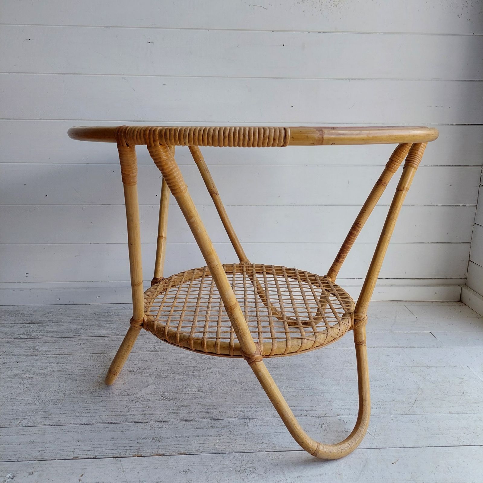 photo vinterior Mid Century Round Bamboo Coffee Table Vintage Rattan Glass Rohé Noordwolde Style 60s 70s
