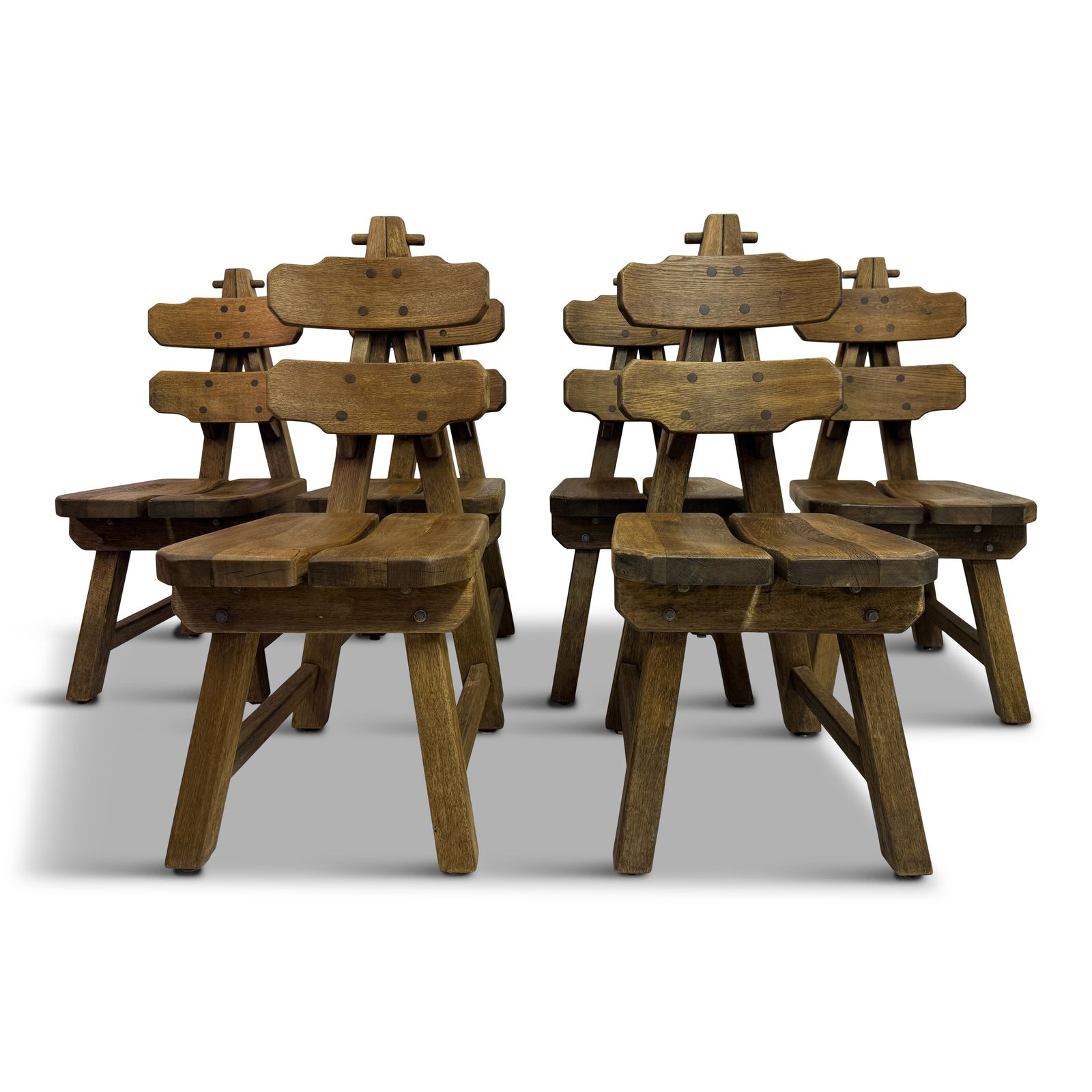 Set Of Six Brutalist Dining Chairs In Oak, Low Countries, 1960s