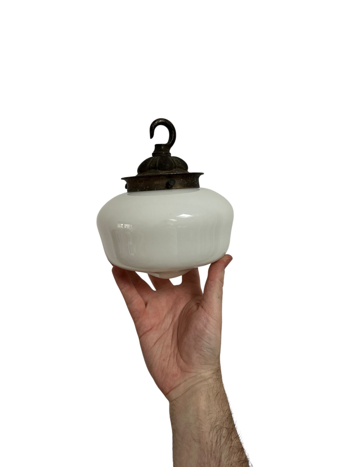 Small Petite Antique English Opaline Milk Glass Brass Ceiling Pendant Light Lamp photo for sale