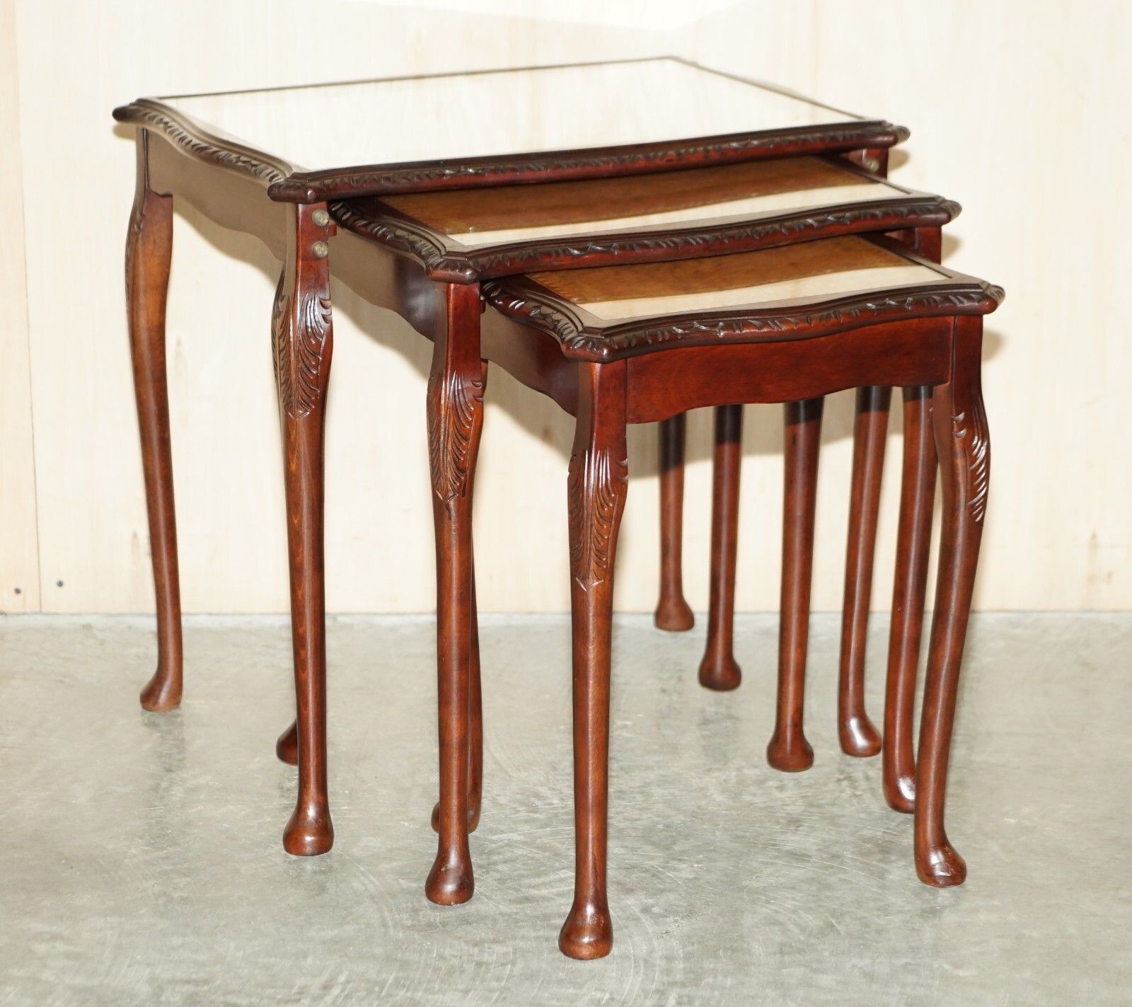 Vintage Nest Of Three Gold Leaf Embossed Brown Leather Tops Side End Wine Tables photo furniture