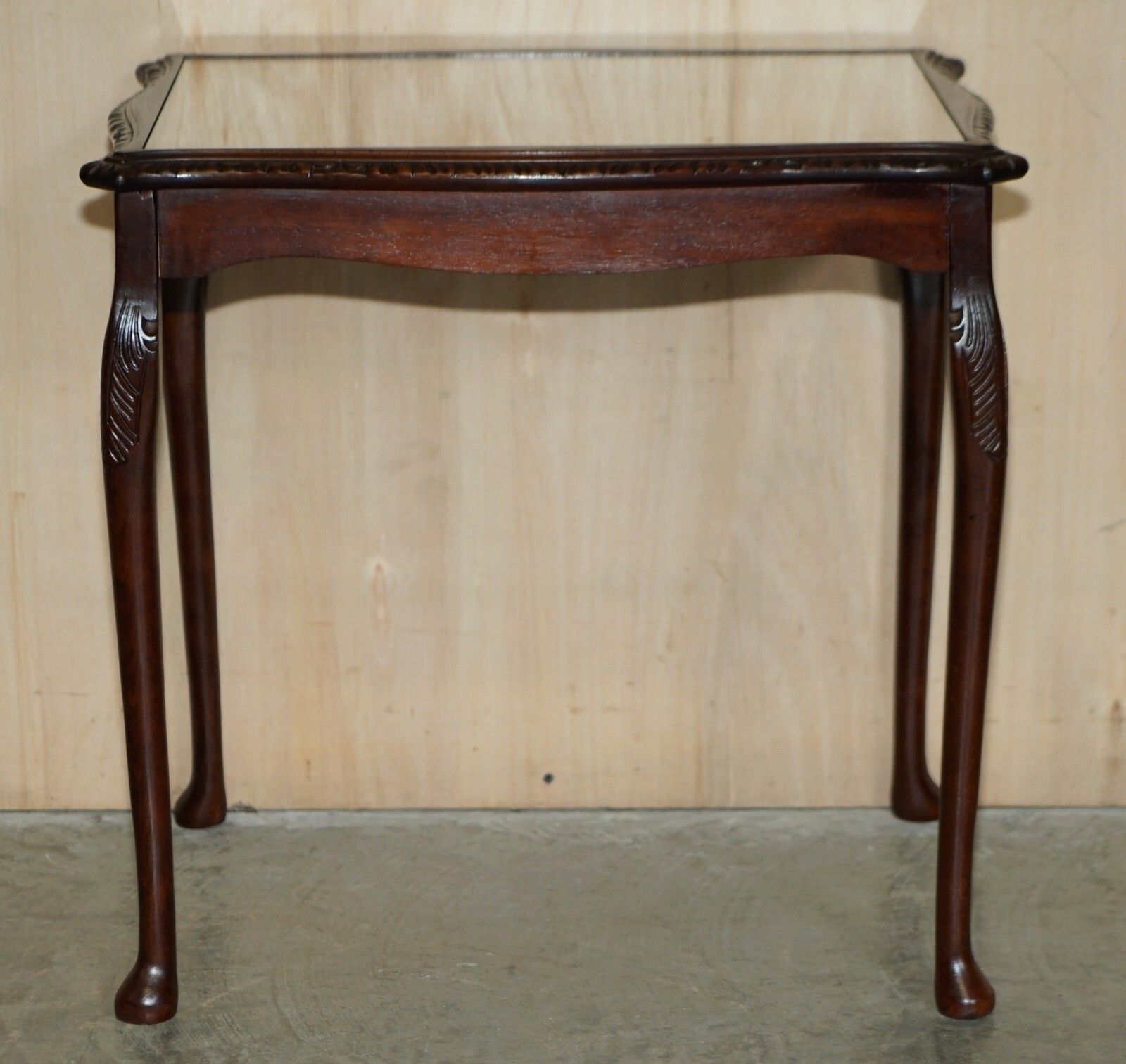 photo furniture Vintage Nest Of Three Gold Leaf Embossed Brown Leather Tops Side End Wine Tables
