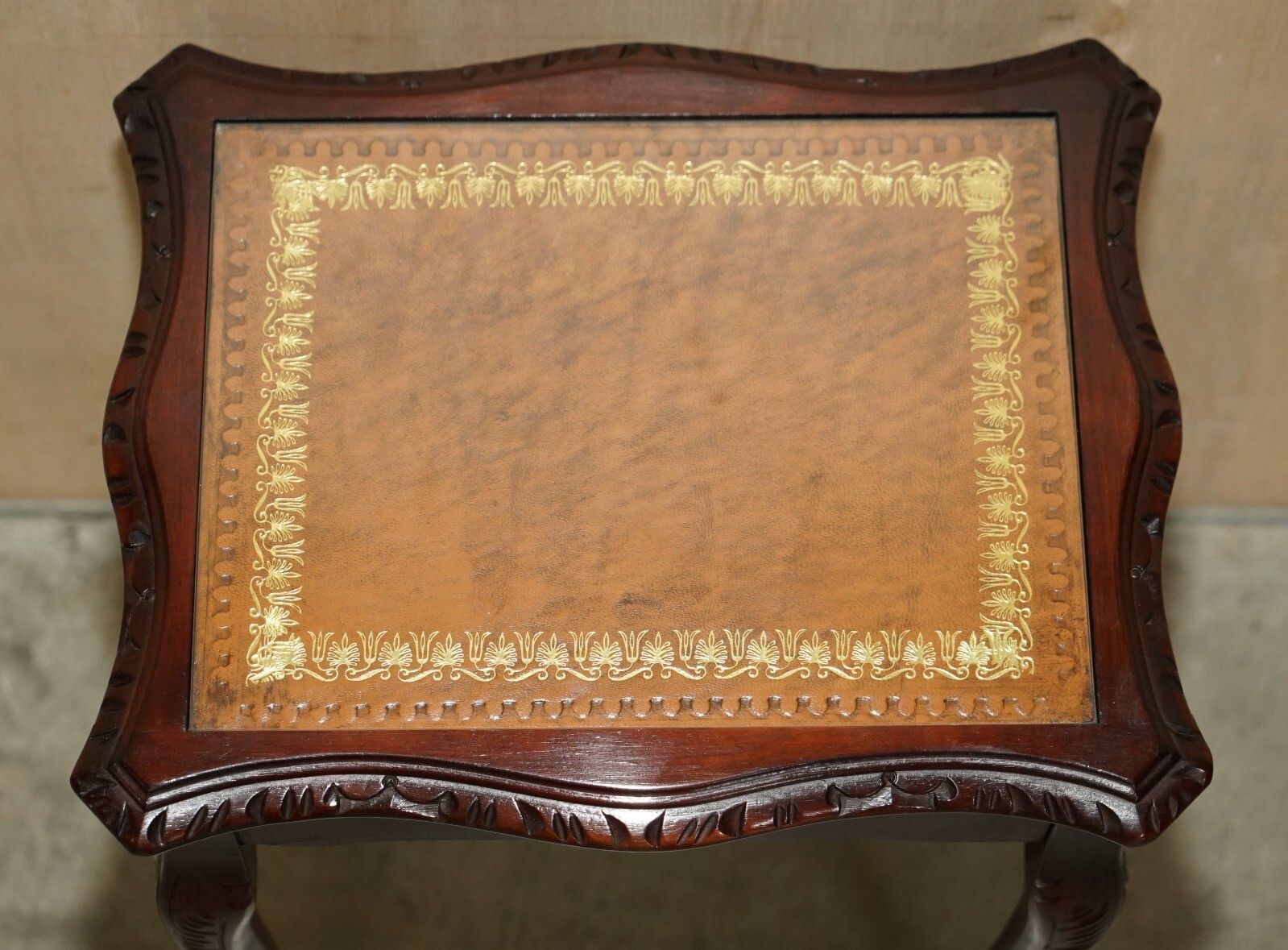 950.0 Vintage Nest Of Three Gold Leaf Embossed Brown Leather Tops Side End Wine Tables photo
