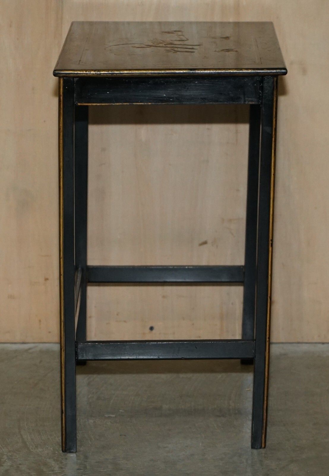photo for sale Nest Of Three Circa 1900 Chinese Chinoiserie Lacqurered Side Tables Hand Painted