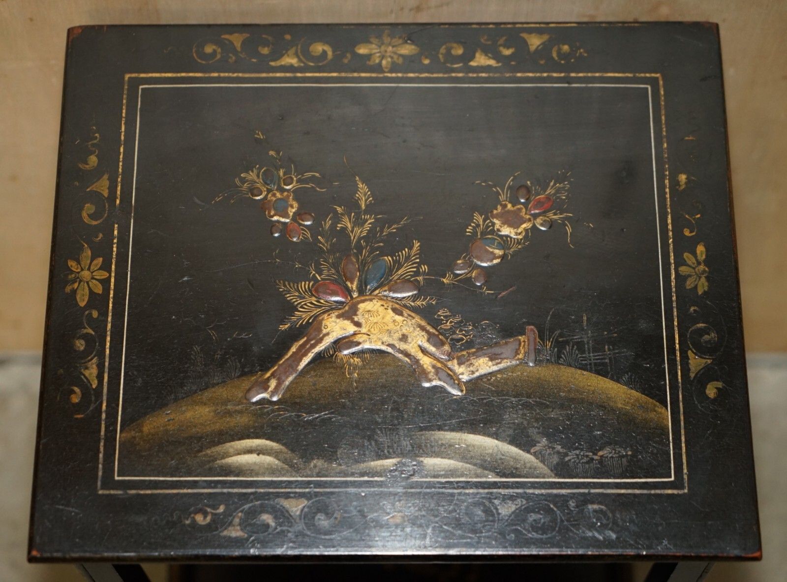 photo buy Nest Of Three Circa 1900 Chinese Chinoiserie Lacqurered Side Tables Hand Painted