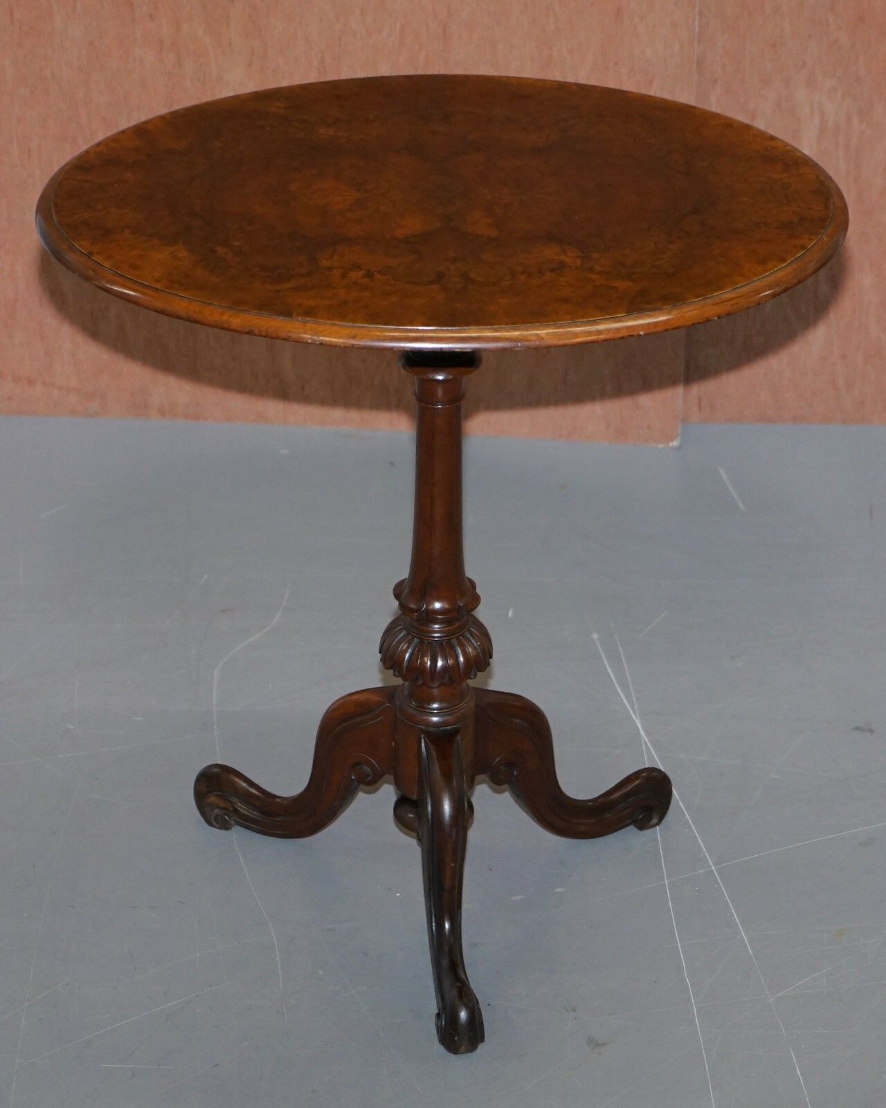 Victorian Burr Quarter Cut Walnut Oval Side End Lamp Tripod Table Ornately Carve photo furniture