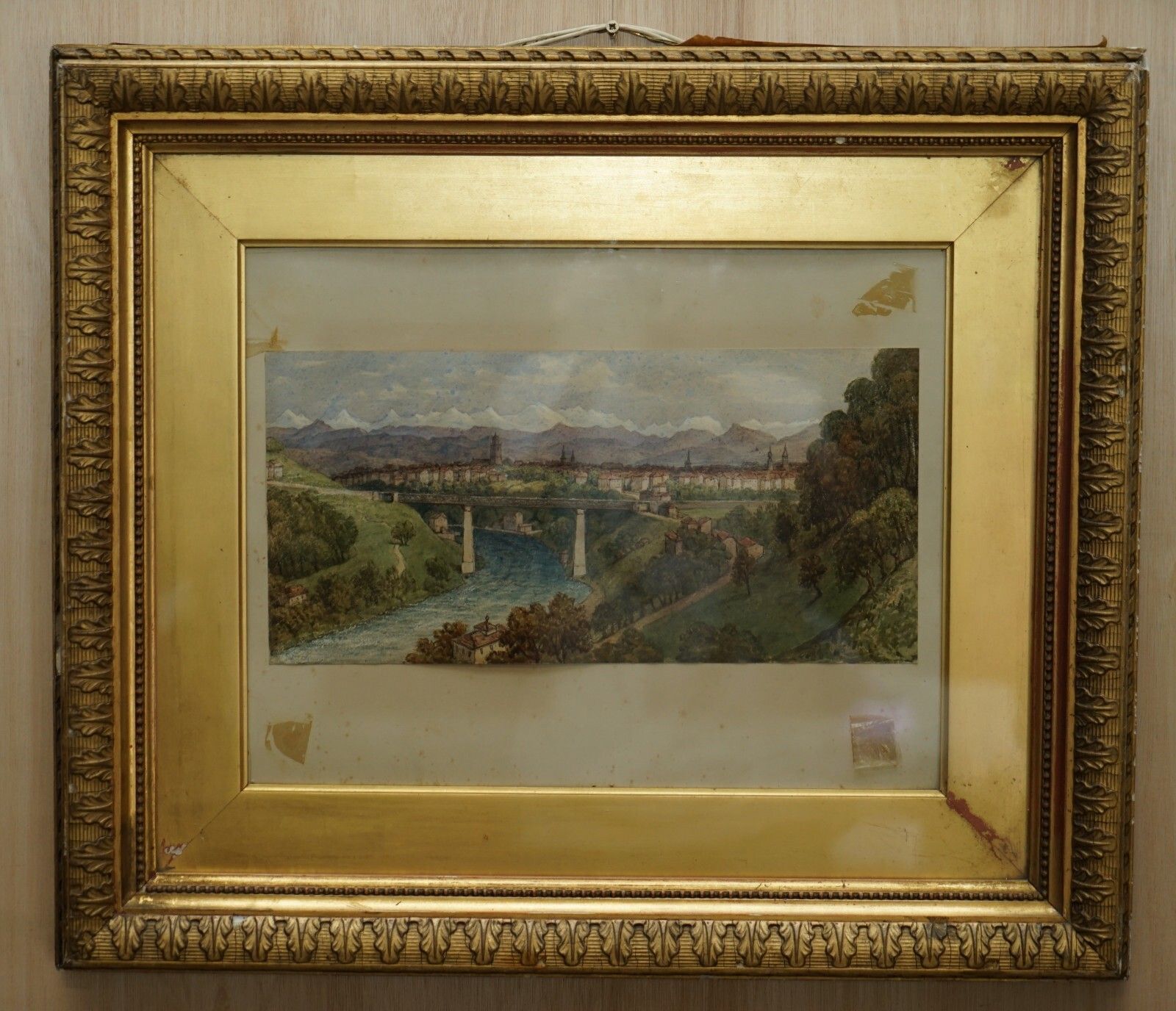 Fine Antique Dated 1850 Watercolour Painting Of A Bridge In Berne Switzerland