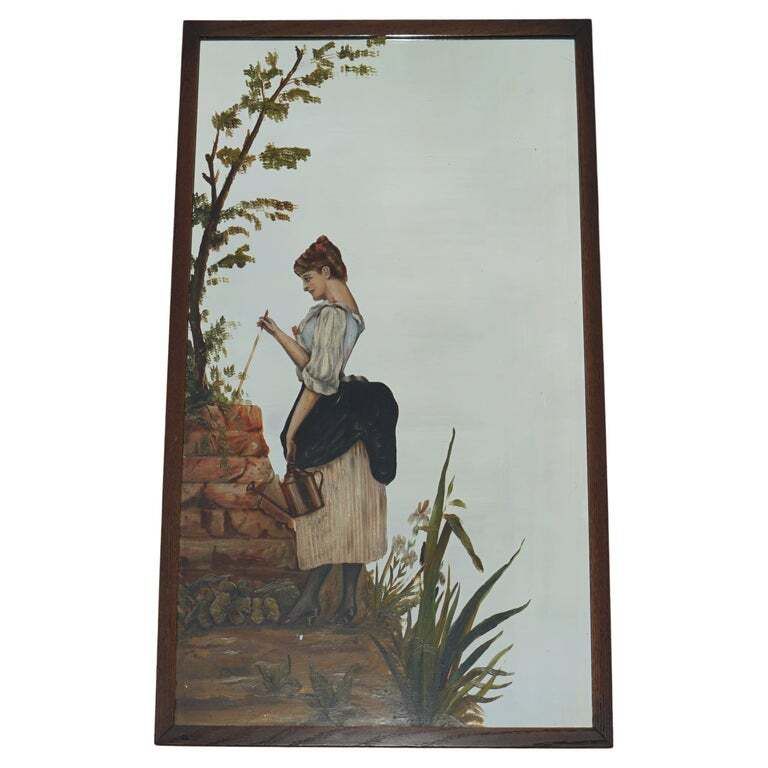 Antique Victorian Hand Painted Wall Hanging Mirror Depicting Elegant Lady