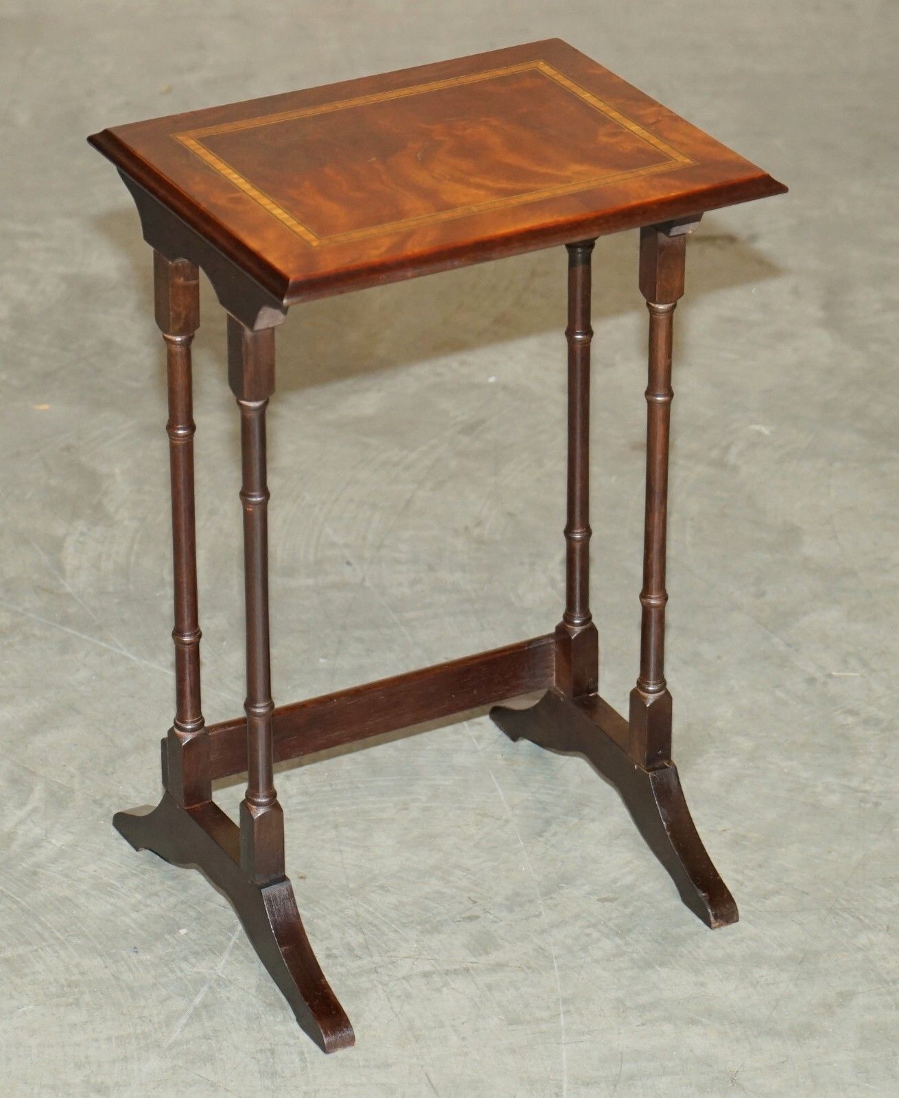 photo for sale Lovely Vintage Sheraton Revival Famboo Nest Of Tables In Mahogany & Satinwood
