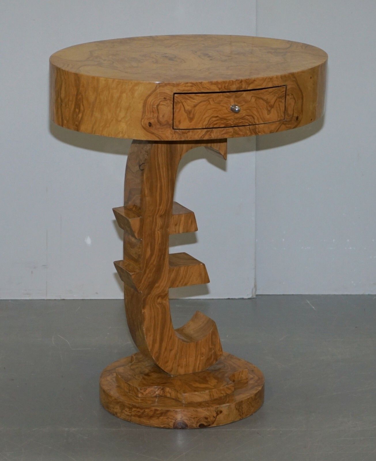 Lovely Art Deco Style Burr Walut Side End Lamp Table With Euro Sign Base photo furniture