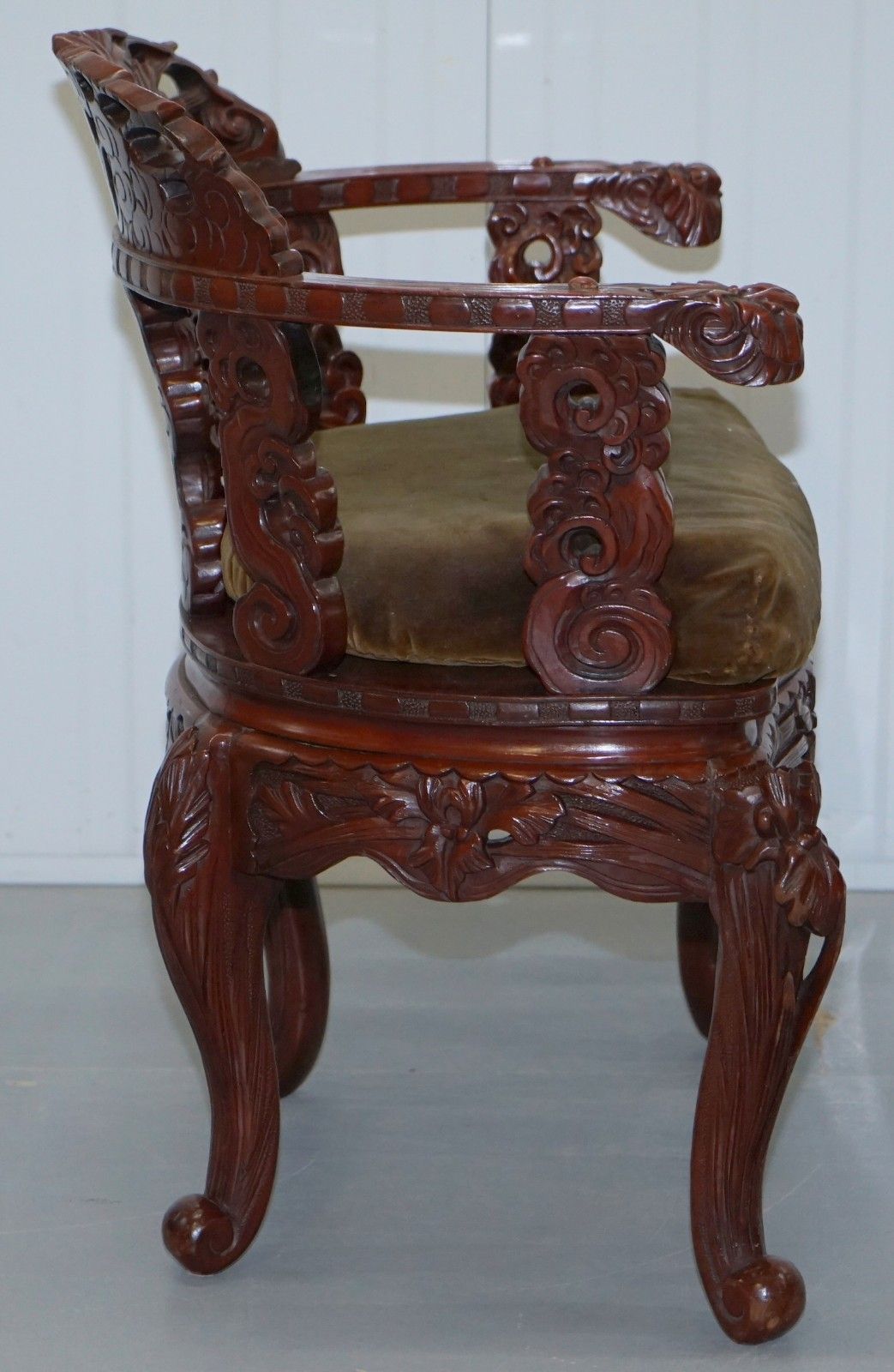 Vintage Chinese Red Lacquered Carved Elm Armchair With Heavy Foliage Detailing photo buy