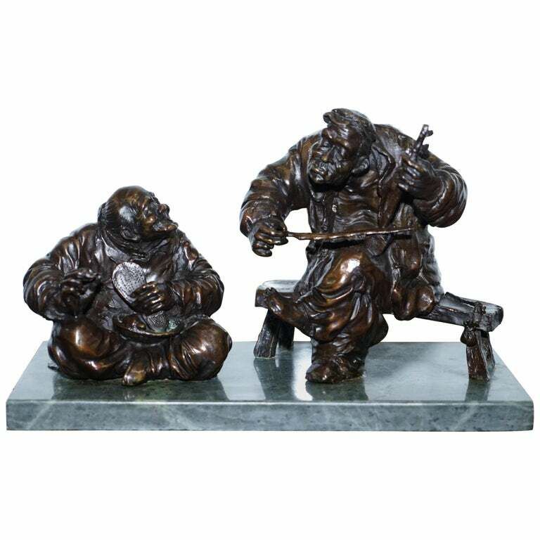 Signed Antique Chinese Bronze Statue Of Two Men One A Solid Green Marble Base