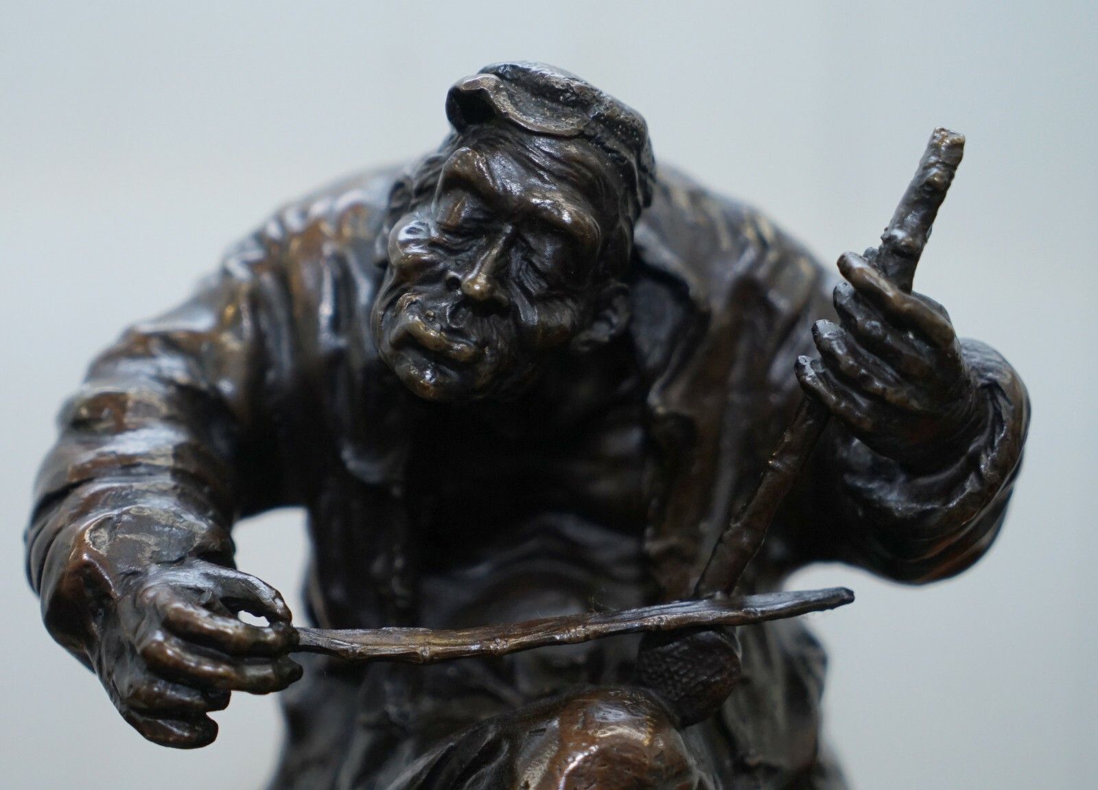 Signed Antique Chinese Bronze Statue Of Two Men One A Solid Green Marble Base photo vinterior