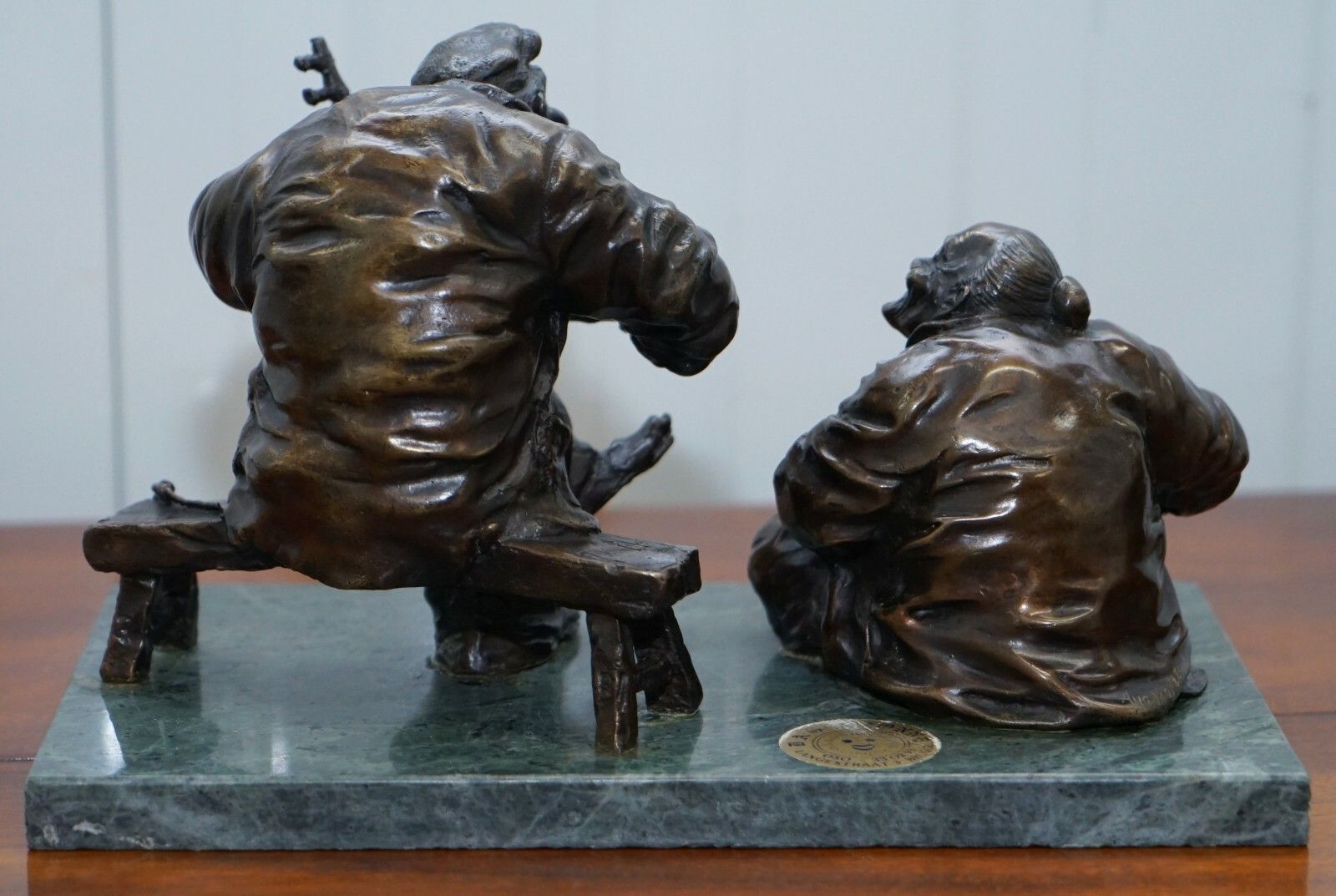 photo for sale Signed Antique Chinese Bronze Statue Of Two Men One A Solid Green Marble Base