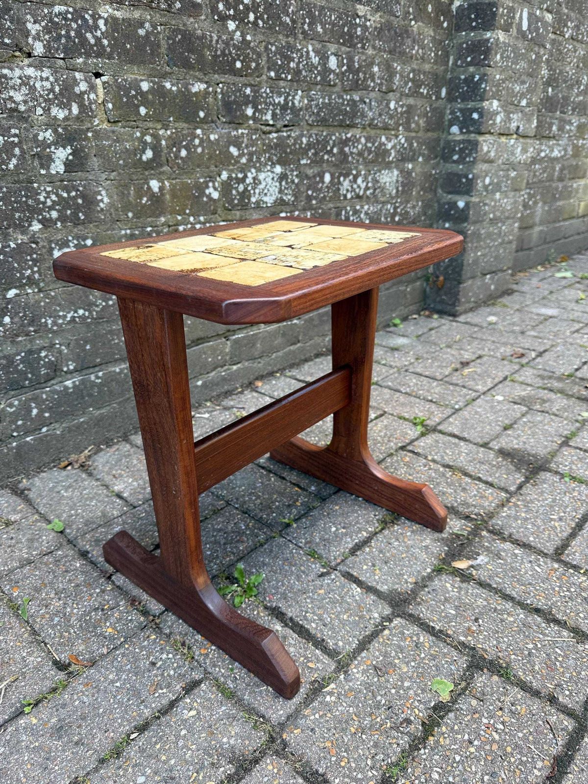 Small Vintage 1970s Danish Style Mid Century Tile Top Side Table – Teak Wood Accent Table With Retro Cream Glazed Ceramic Mosaic, Occasional photo 125.0