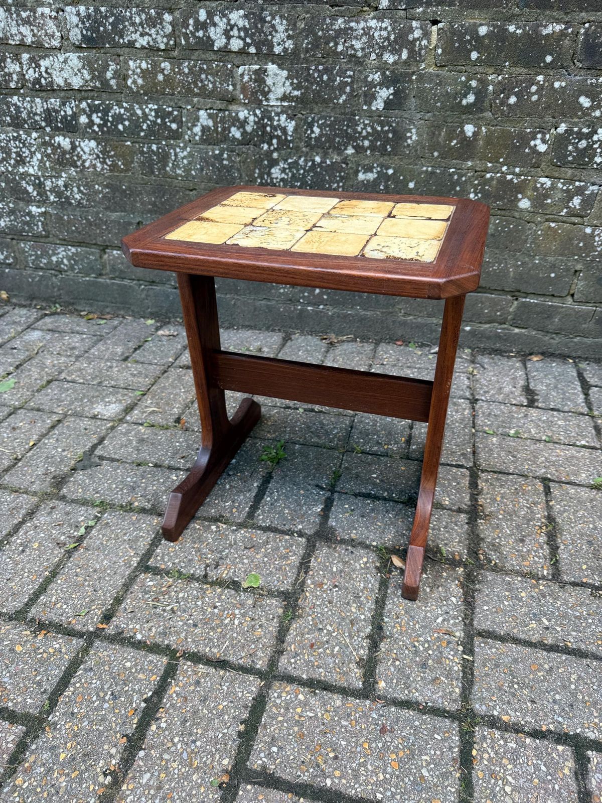 Small Vintage 1970s Danish Style Mid Century Tile Top Side Table – Teak Wood Accent Table With Retro Cream Glazed Ceramic Mosaic, Occasional photo vintage