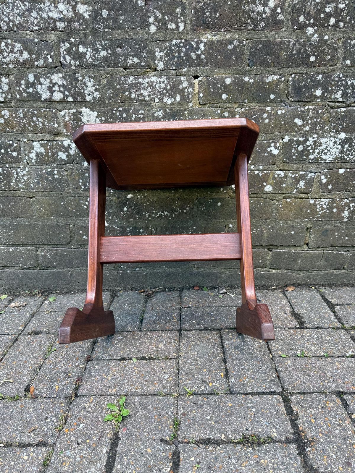 photo for sale Small Vintage 1970s Danish Style Mid Century Tile Top Side Table – Teak Wood Accent Table With Retro Cream Glazed Ceramic Mosaic, Occasional